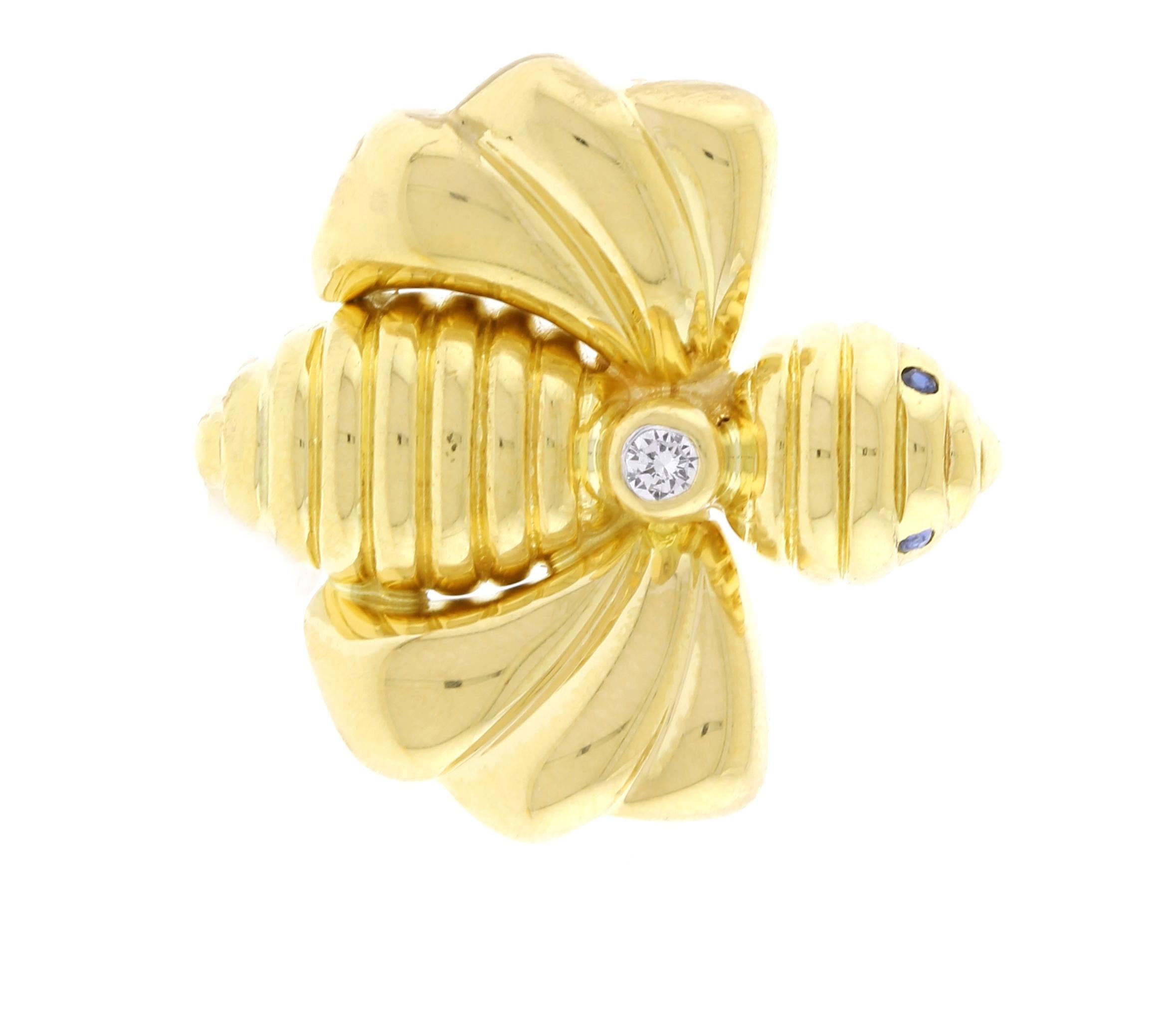 From acclaimed French designer  Chaumet,  a gold bumblebee with sapphire eyes and a singe diamond pin
♦ Designer: Chaumet
♦ Metal: 18 karat
♦ Circa 1990s
♦ 7 /8ths by 5/8ths of an inch
♦ 7 grams
♦ Packaging: Pampillonia presentation box
♦ Condition: