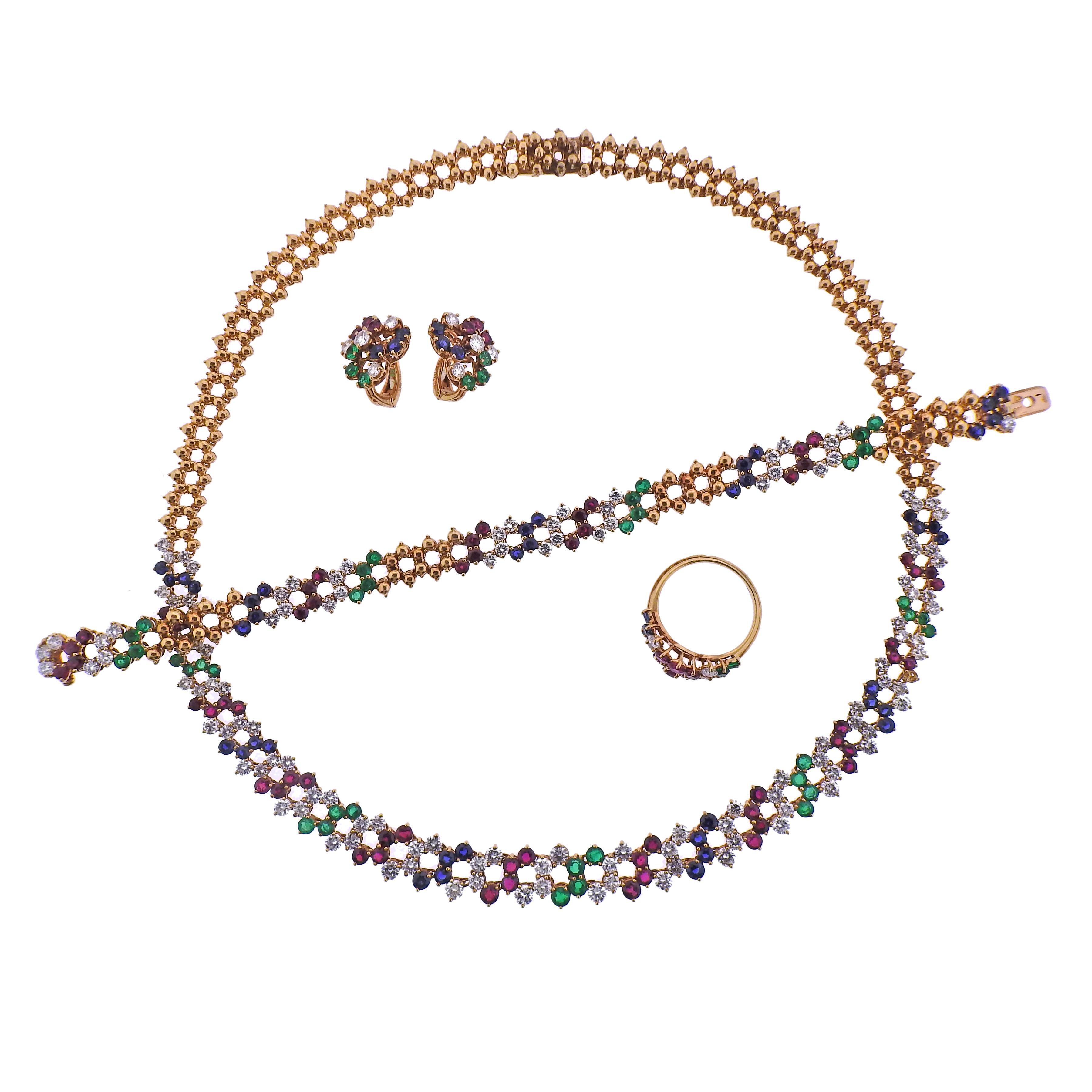 Chaumet Paris Diamond Ruby Emerald Sapphire Necklace Earrings Bracelet Ring Set