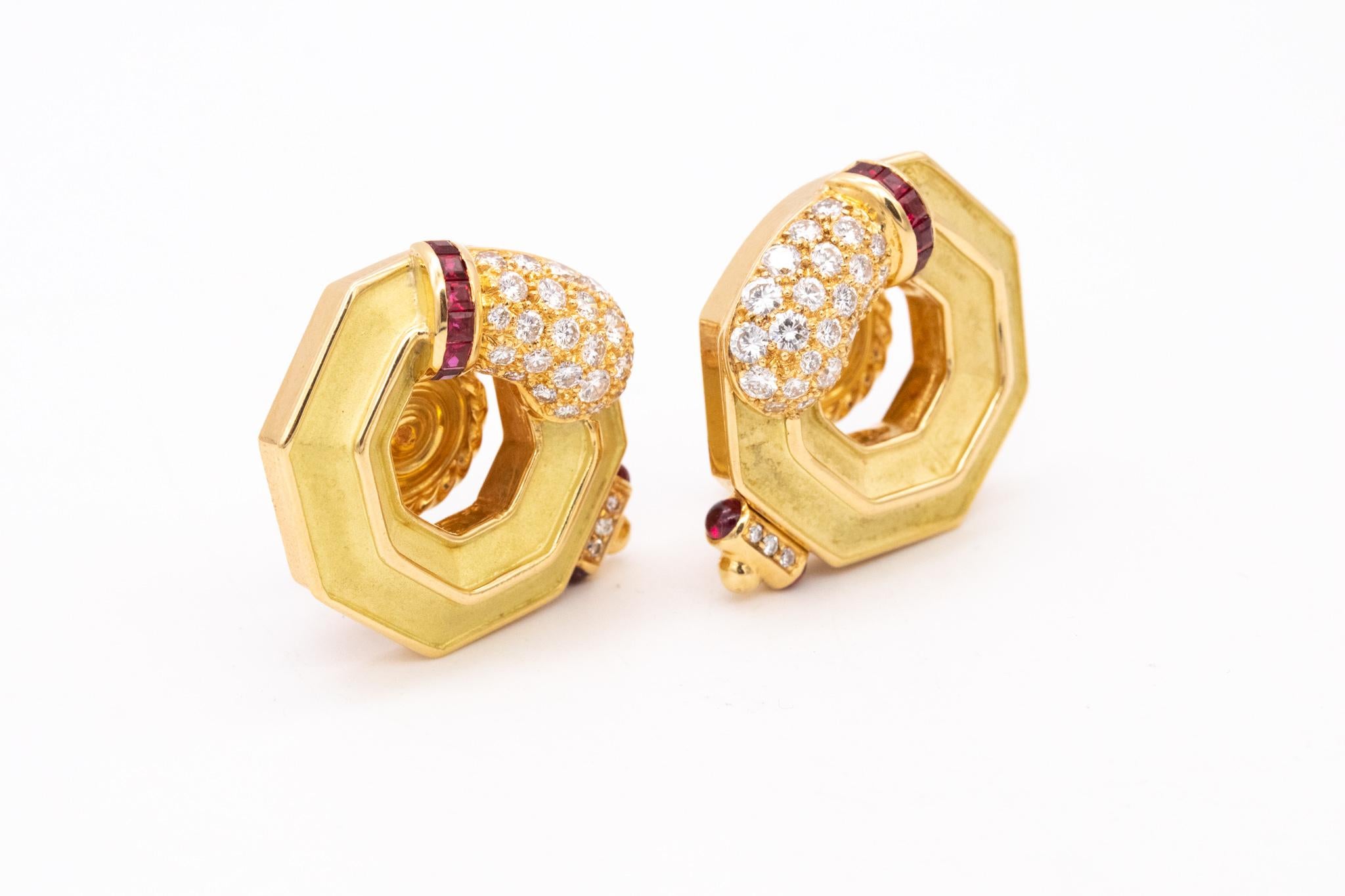 Brilliant Cut Chaumet Paris Geometric Clip Earring 18Kt Gold with 2.80 Cts Diamonds and Rubies For Sale