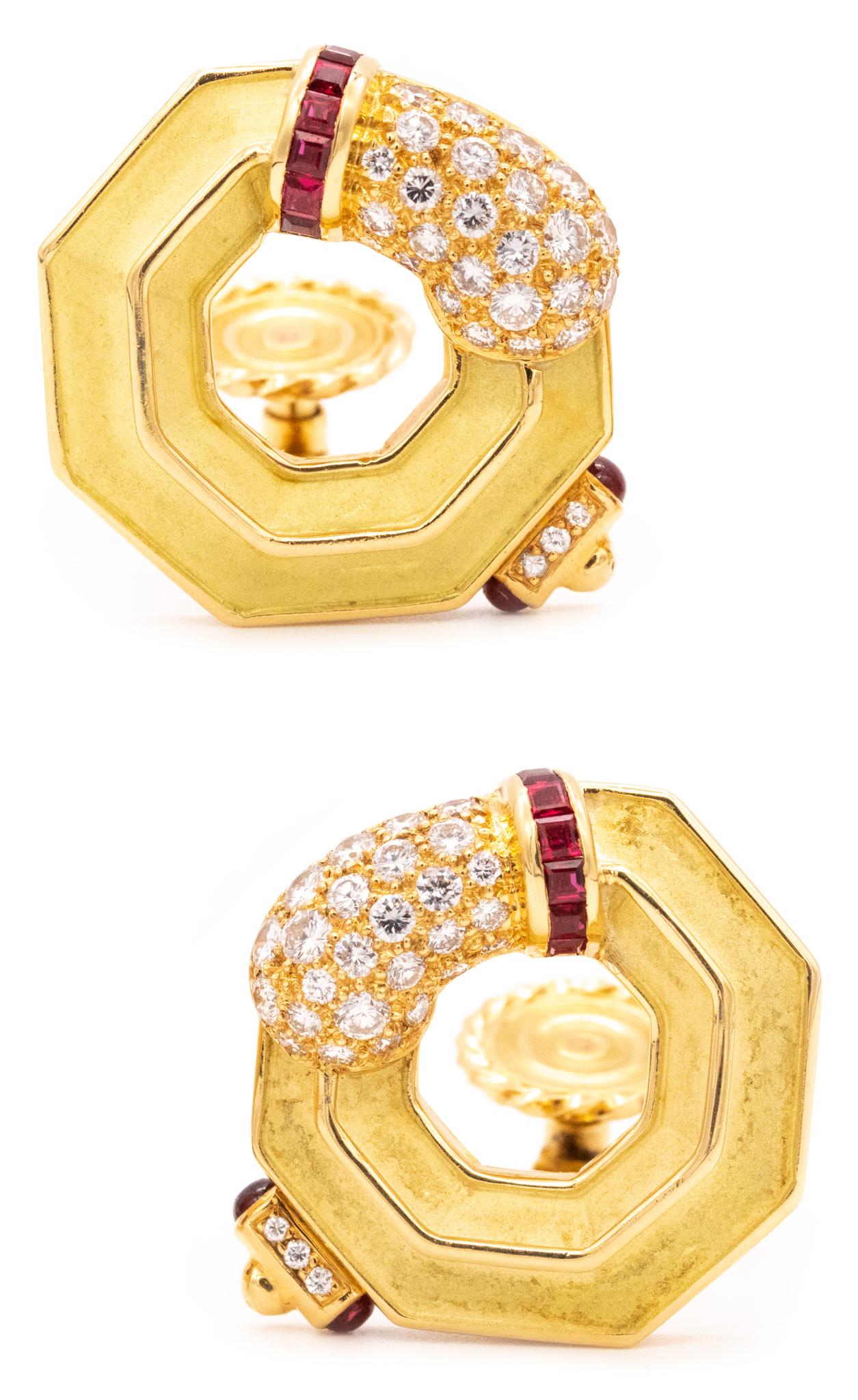 Chaumet Paris Geometric Clip Earring 18Kt Gold with 2.80 Cts Diamonds and Rubies For Sale