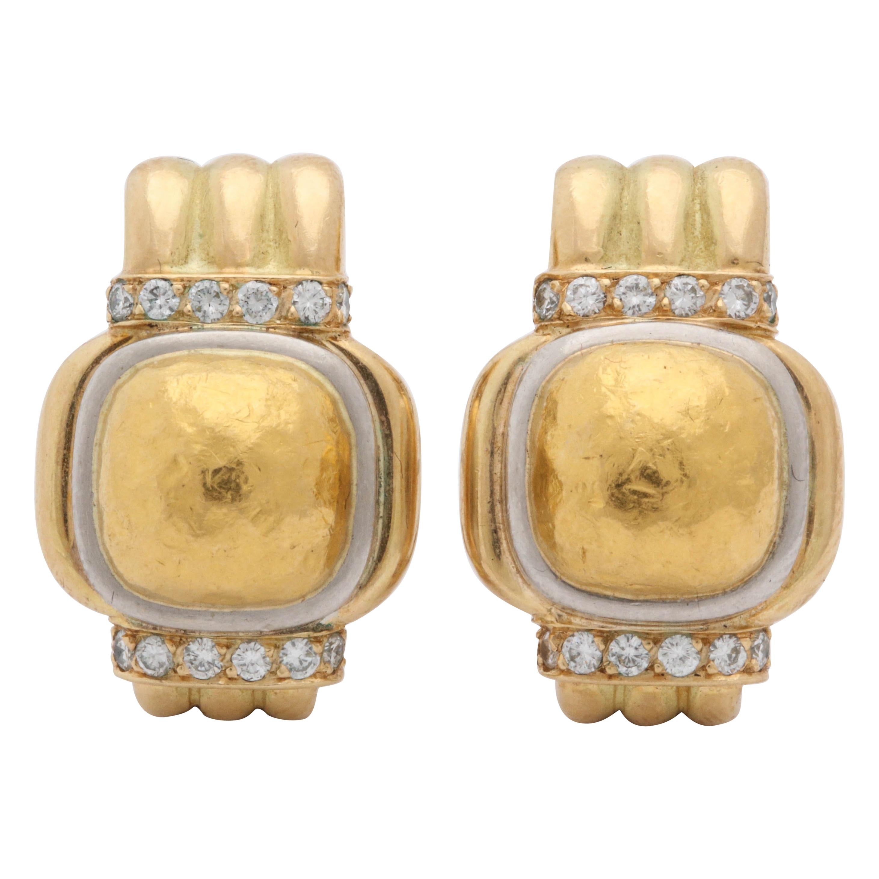 Chaumet Paris Hand-Hammered and High Polish Gold and Diamonds Earclips