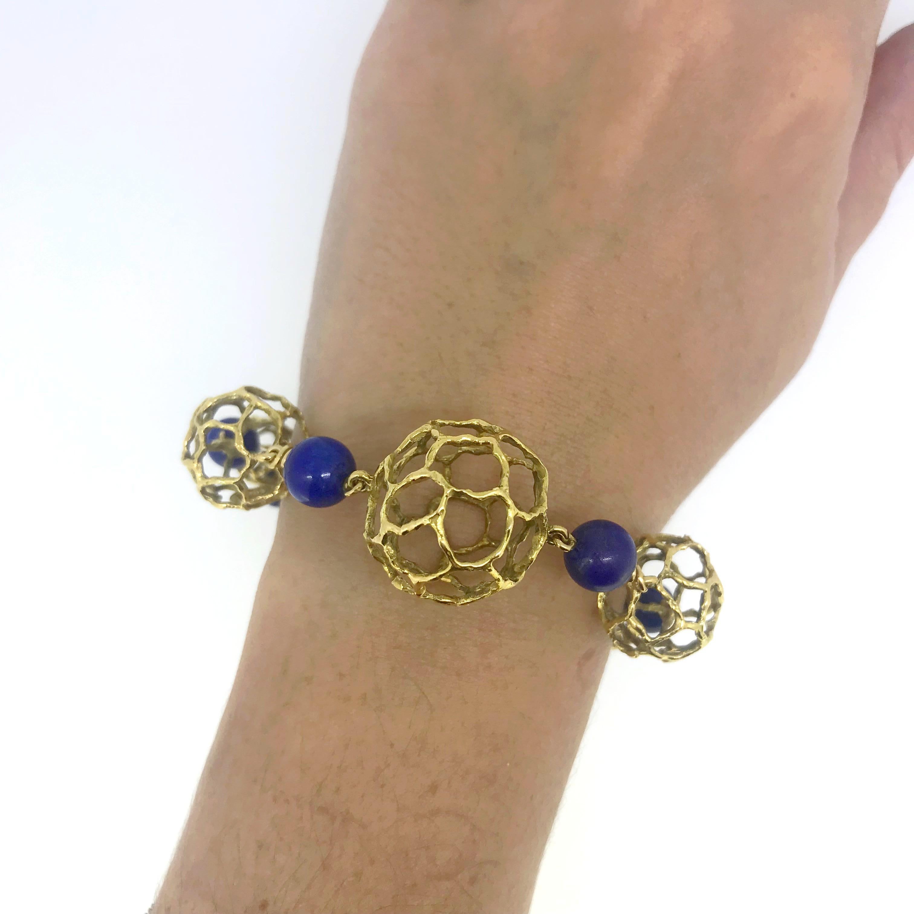 Chaumet Paris Lapis Lazuli Beads Textured Yellow Gold Bangle Bracelet 8