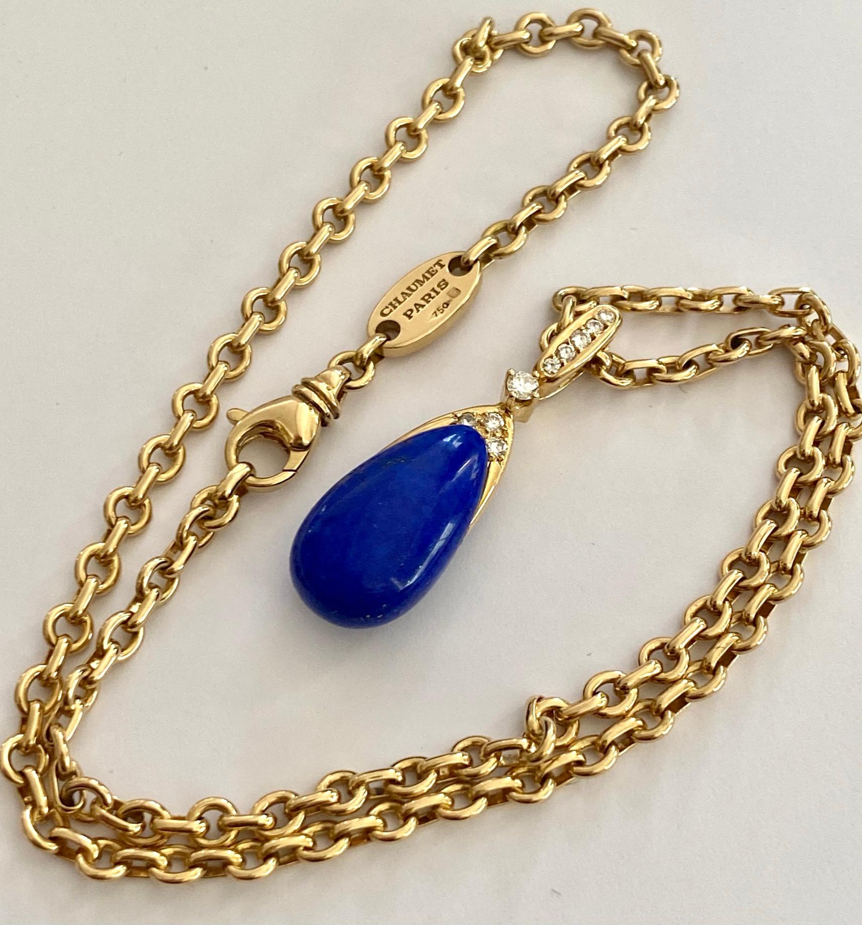 Brilliant Cut Chaumet Paris, Necklace with Pendant, Lapis Lazuli and 9 Diamonds