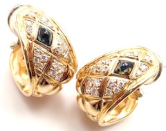 Chaumet Paris Quilted Diamond Sapphire Yellow Gold Hoop Earrings