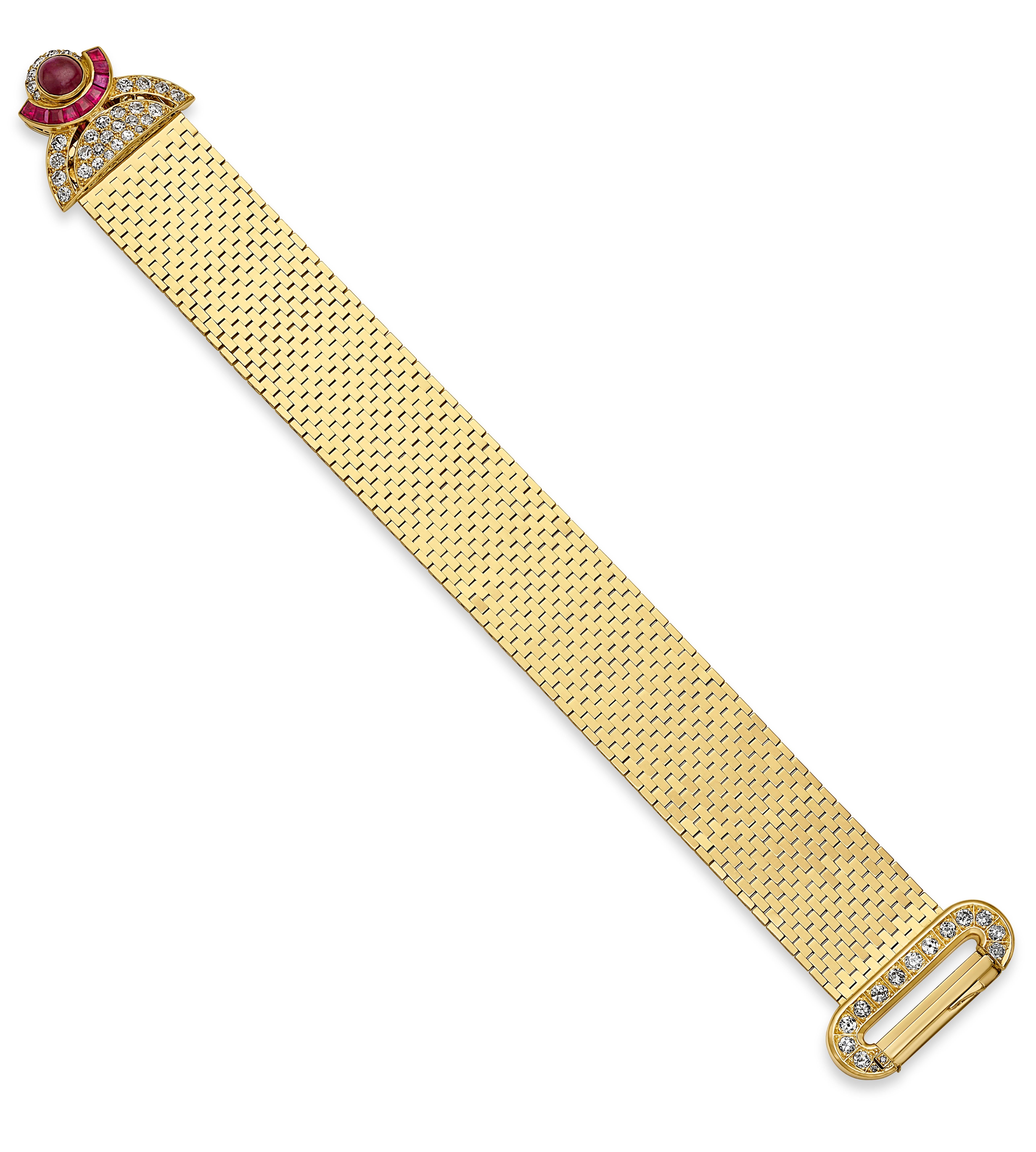 Old European Cut Chaumet Paris Retro Ruby and Diamond Wide Bracelet with Brooch Clip in 18K Gold For Sale