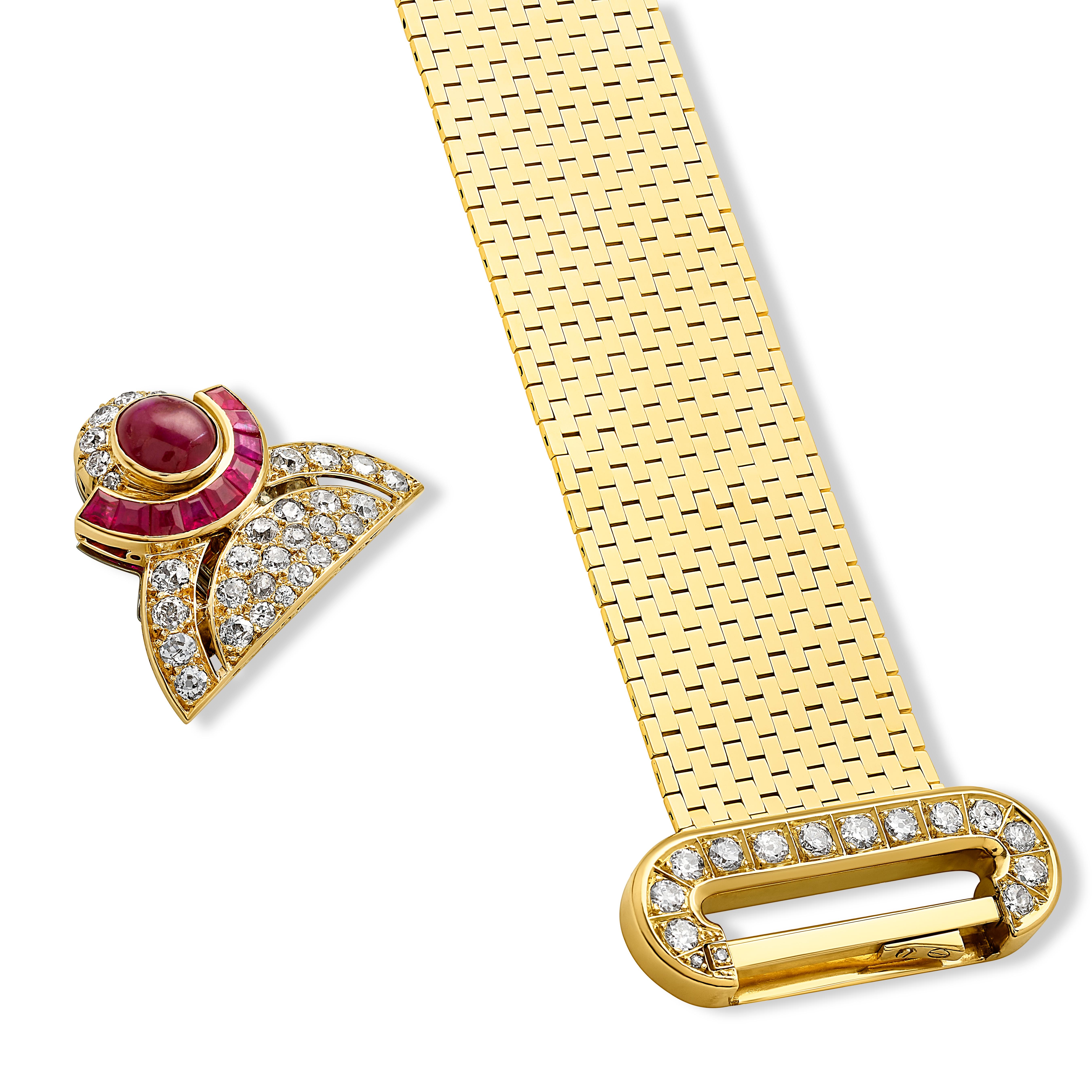 Women's Chaumet Paris Retro Ruby and Diamond Wide Bracelet with Brooch Clip in 18K Gold For Sale