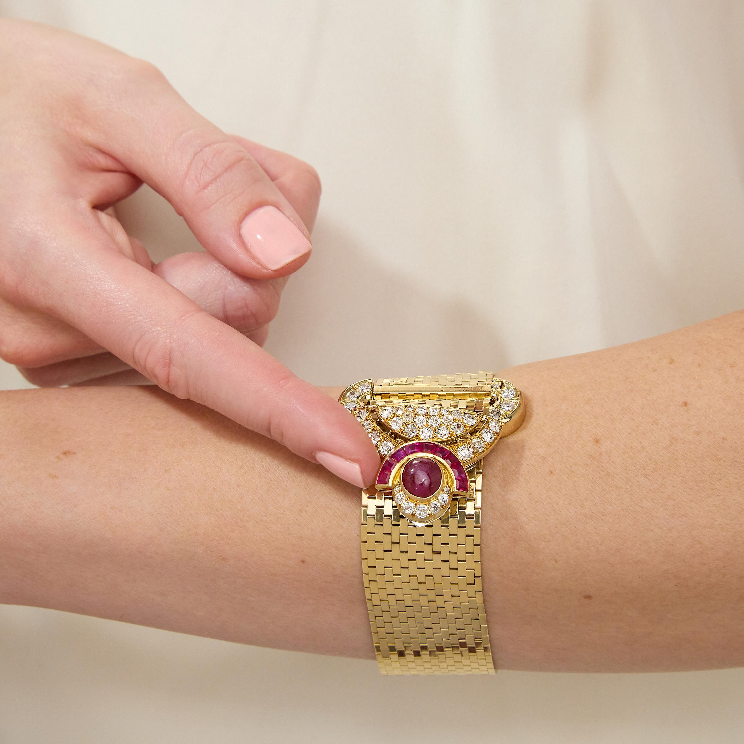 Chaumet Paris Retro Ruby and Diamond Wide Bracelet with Brooch Clip in 18K Gold For Sale 3
