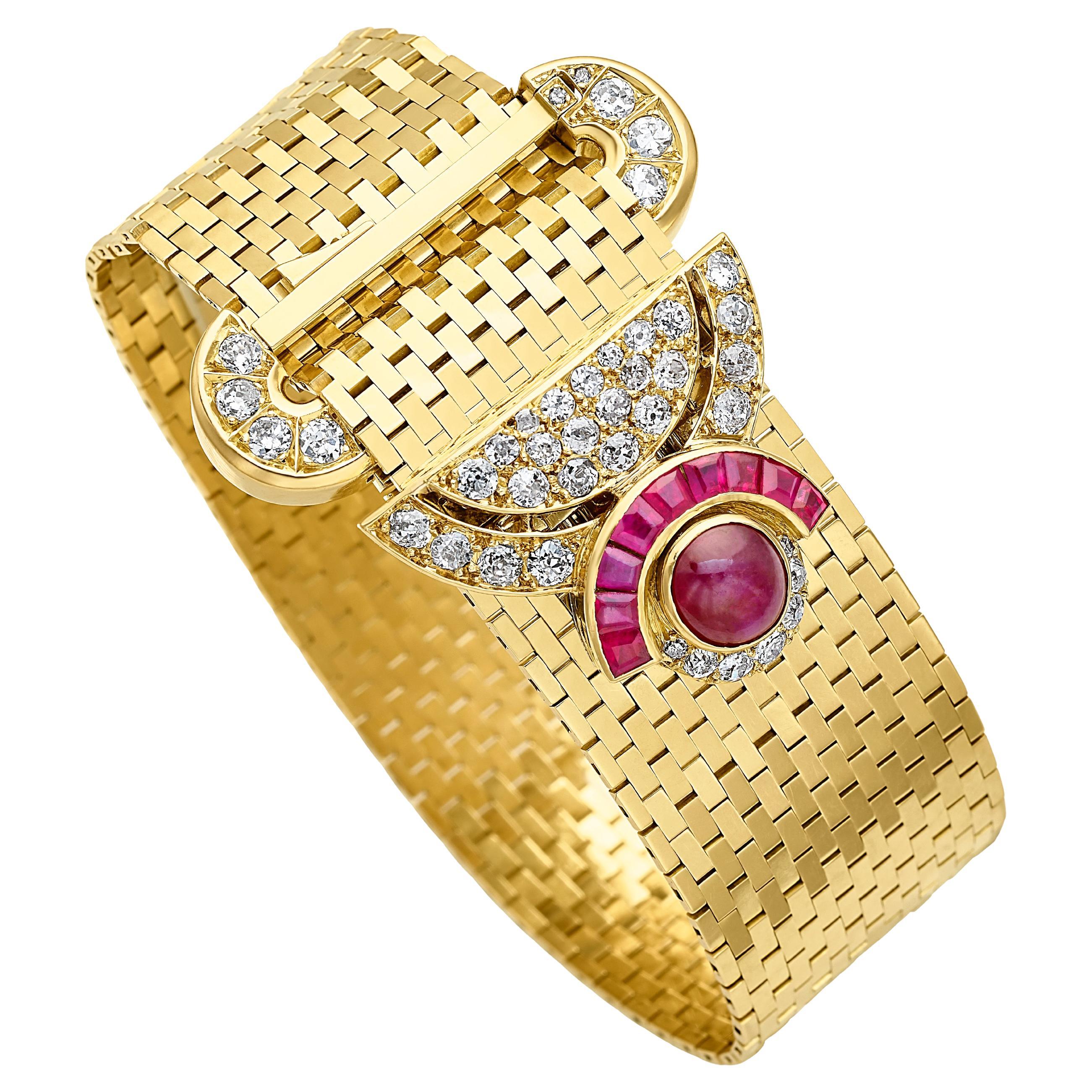 Chaumet Paris Retro Ruby and Diamond Wide Bracelet with Brooch Clip in 18K Gold