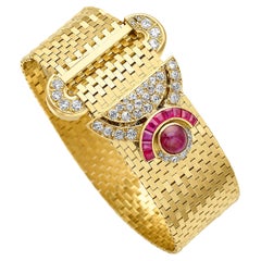 Chaumet París Retro Pulsera ancha de rubíes y diamantes con broche de oro de 18 quilates