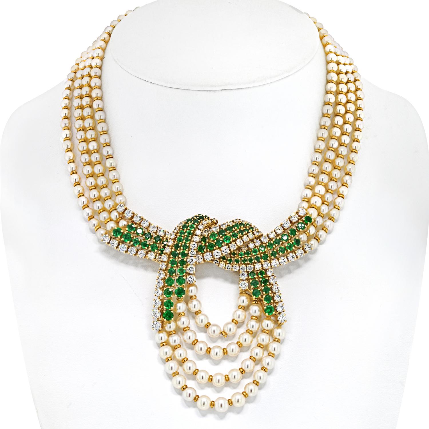 Elevate your jewelry collection with this exquisite Chaumet Platinum & 18K Yellow Gold Multi-Strand Necklace, adorned with an opulent array of diamonds, emeralds, and pearls. Comprising four luxurious strands, this 15-inch necklace exudes timeless