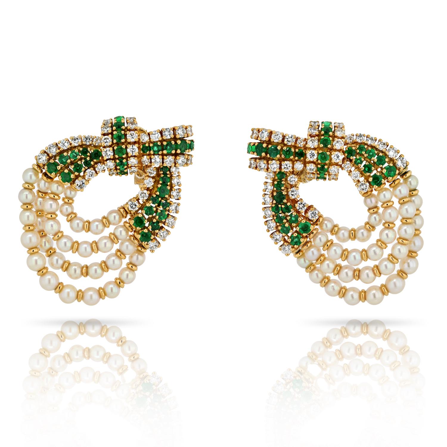 Adorn your ears with unparalleled elegance and sophistication in these Chaumet Platinum & 18K Yellow Gold Diamond, Pearl, and Green Emerald Clip Earrings. The lovely pair of earrings is meticulously designed, matching the Chaumet multi-strand pearl