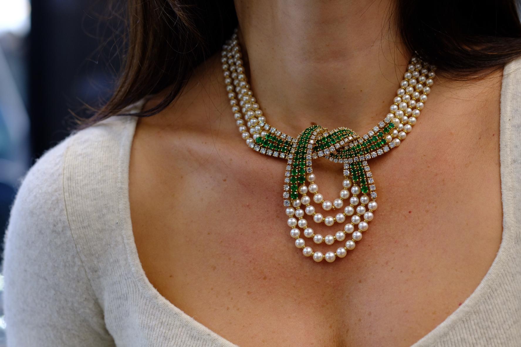 Modern Chaumet Platinum & 18K Yellow Gold 10cttw Diamond, Emerald And Pearl Necklace