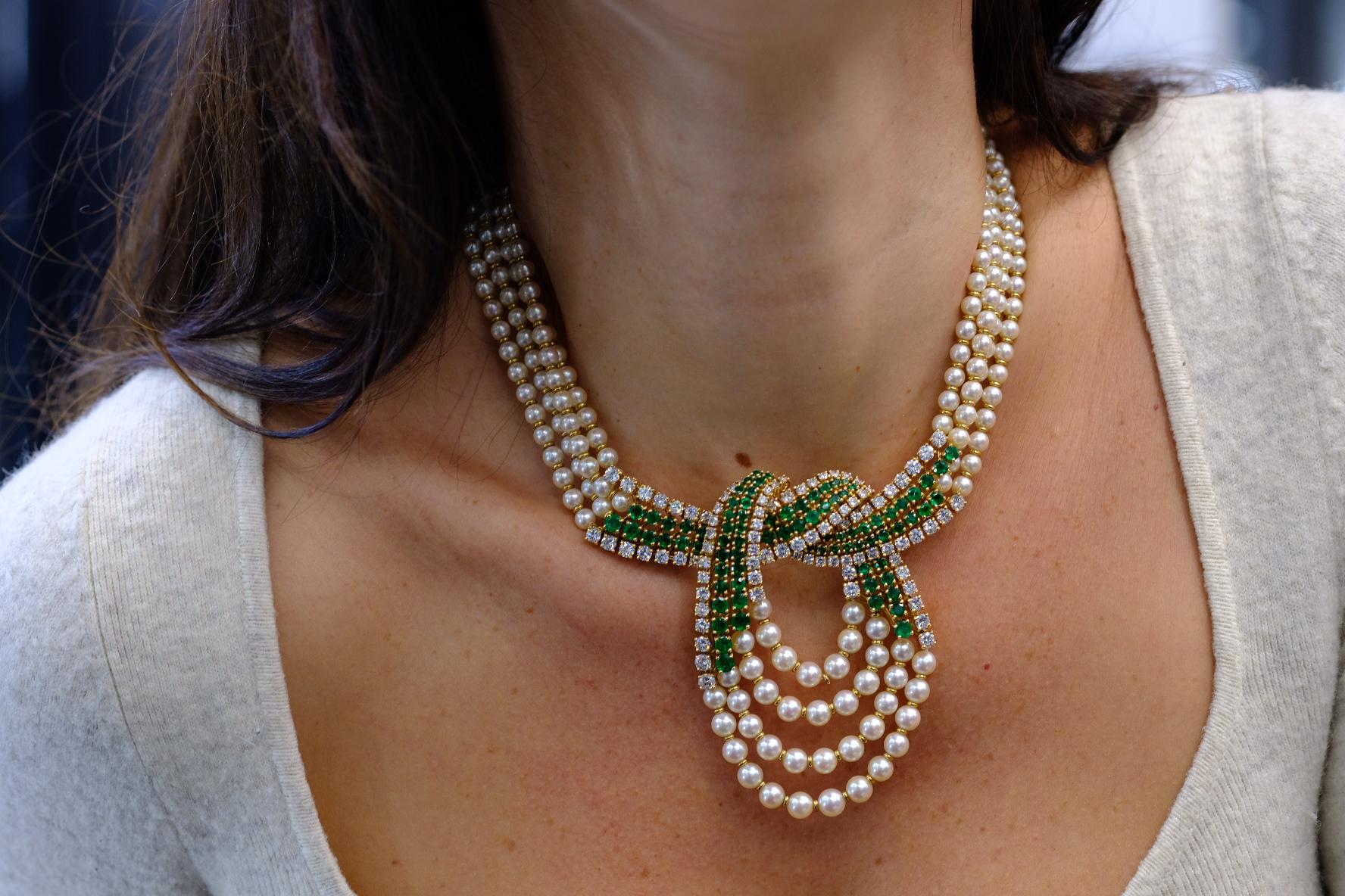 Chaumet Platinum & 18K Yellow Gold 10cttw Diamond, Emerald And Pearl Necklace In Excellent Condition In New York, NY