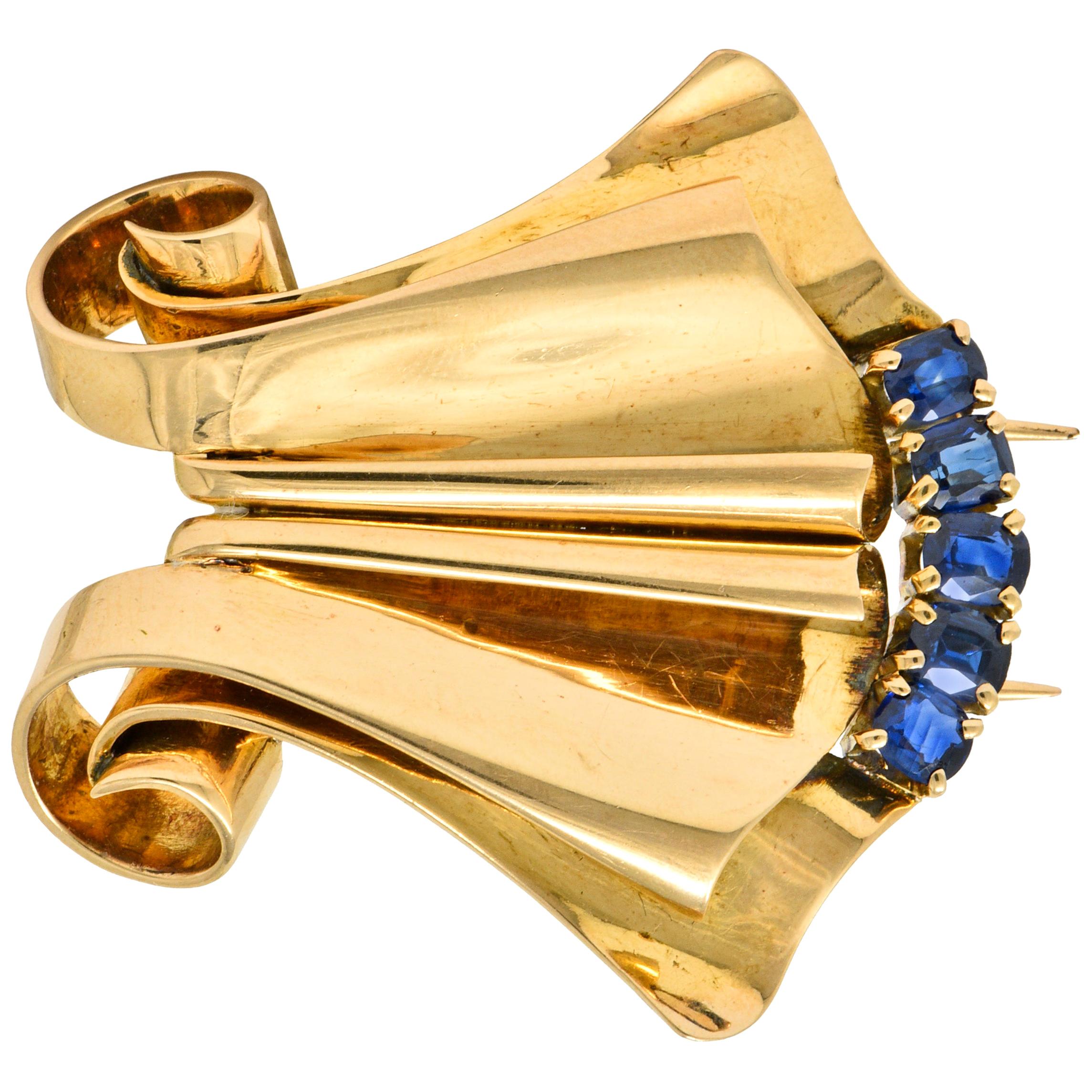 Chaumet Retro 1.25 Carat Sapphire 18 Karat Rose Gold French Clip Brooch