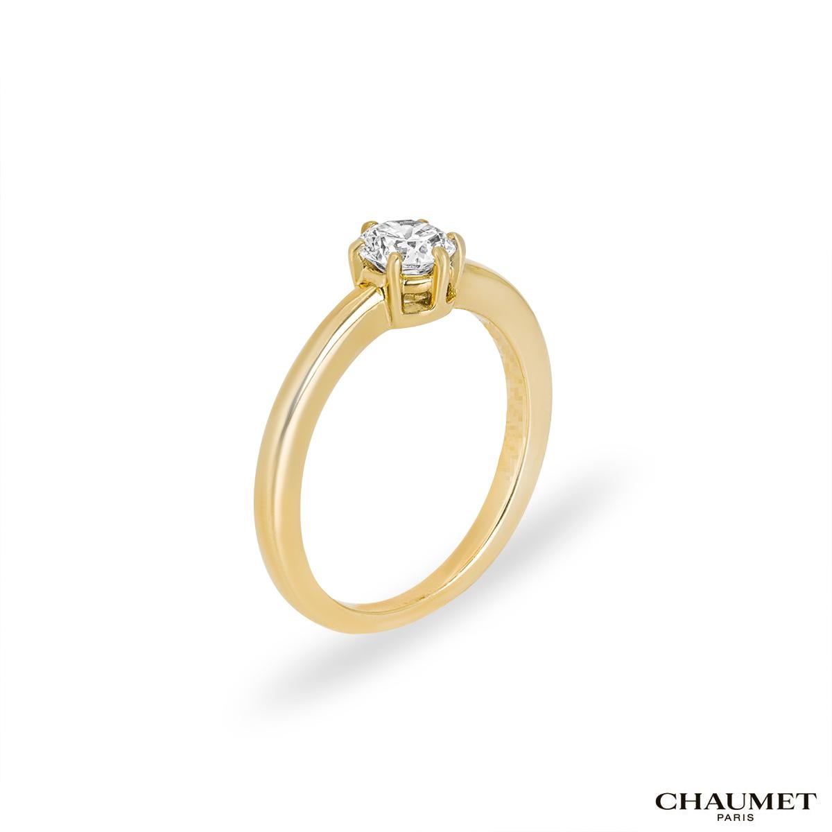 A classic 18k yellow gold diamond engagement ring. The ring comprises of a round brilliant cut diamond set in a 6 claw setting weighing approximately 0.44ct, G colour and VS clarity. The ring is currently a size UK K, EU 50 and US 5 1⁄4 but can be