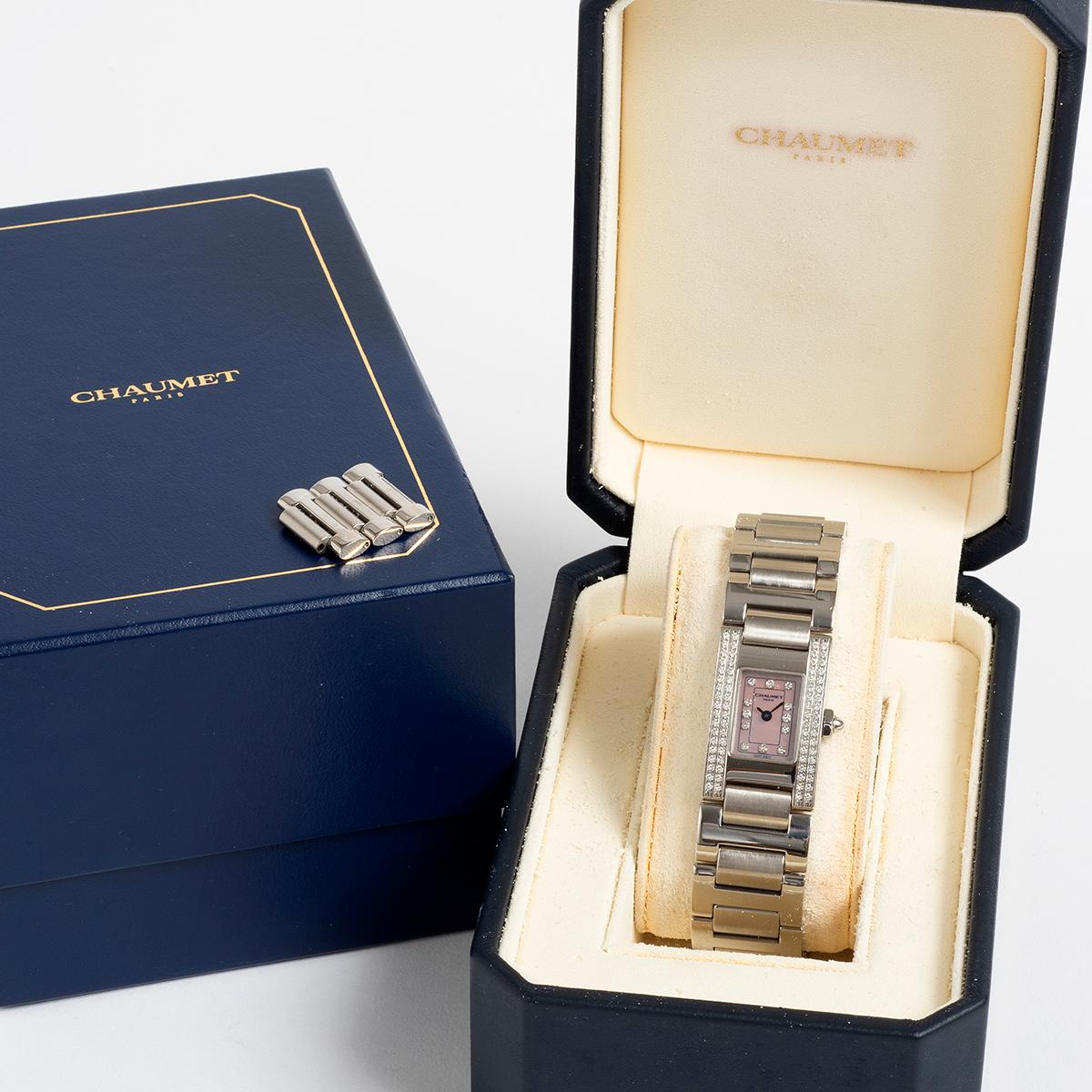 Our lovely Chaumet Style features a stainless style case of 20 x 30mm which is factory set with diamonds and has a diamond set dial (mother of pearl). Presented in outstanding condition, this Chaumet comes complete with box (with some degradation).