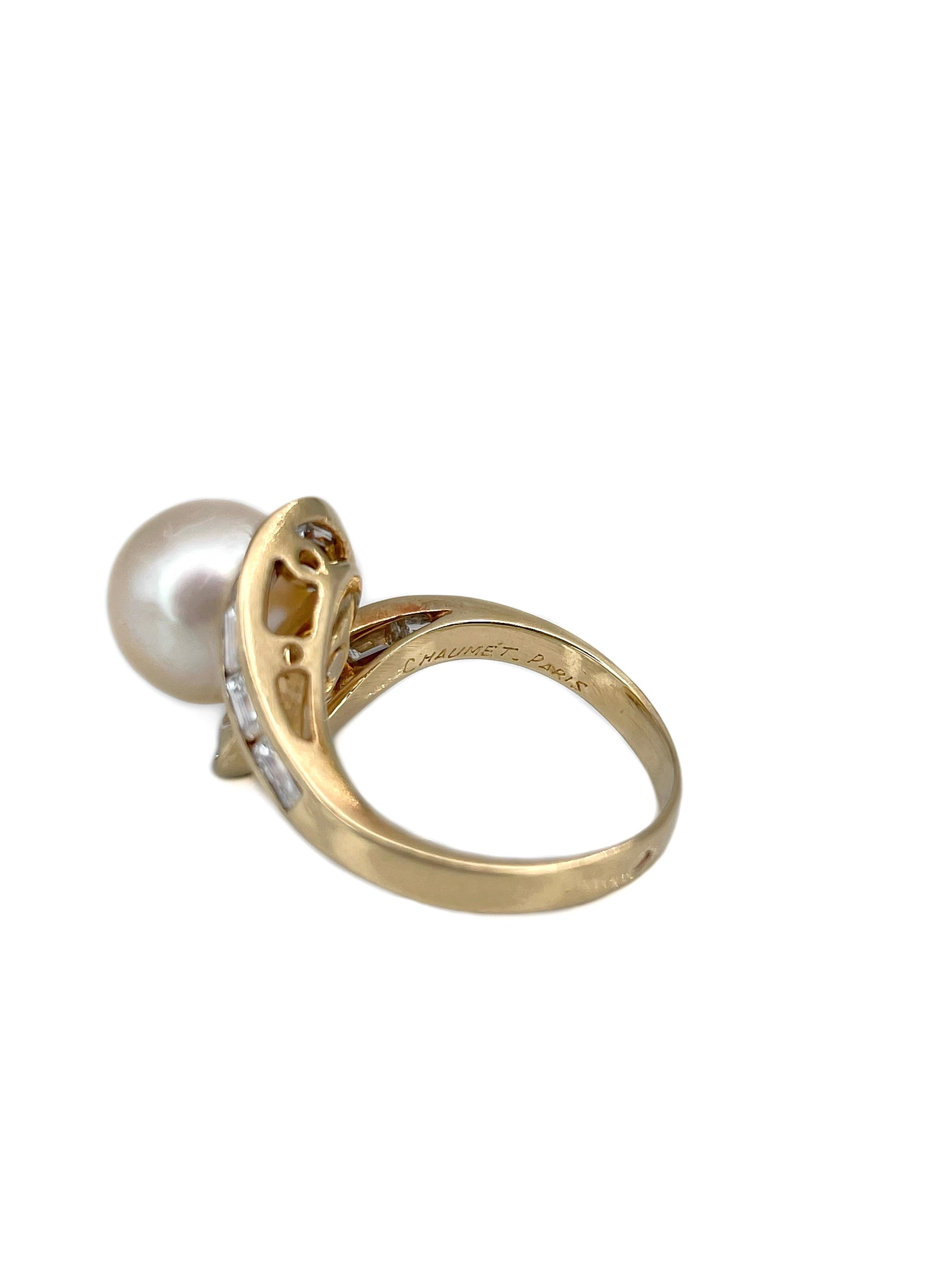 Chaumet Vintage 18 Karat Gold Pearl 0.80 Carat VS Diamond Cocktail Ring In Good Condition For Sale In Vilnius, Vilniaus apskr.
