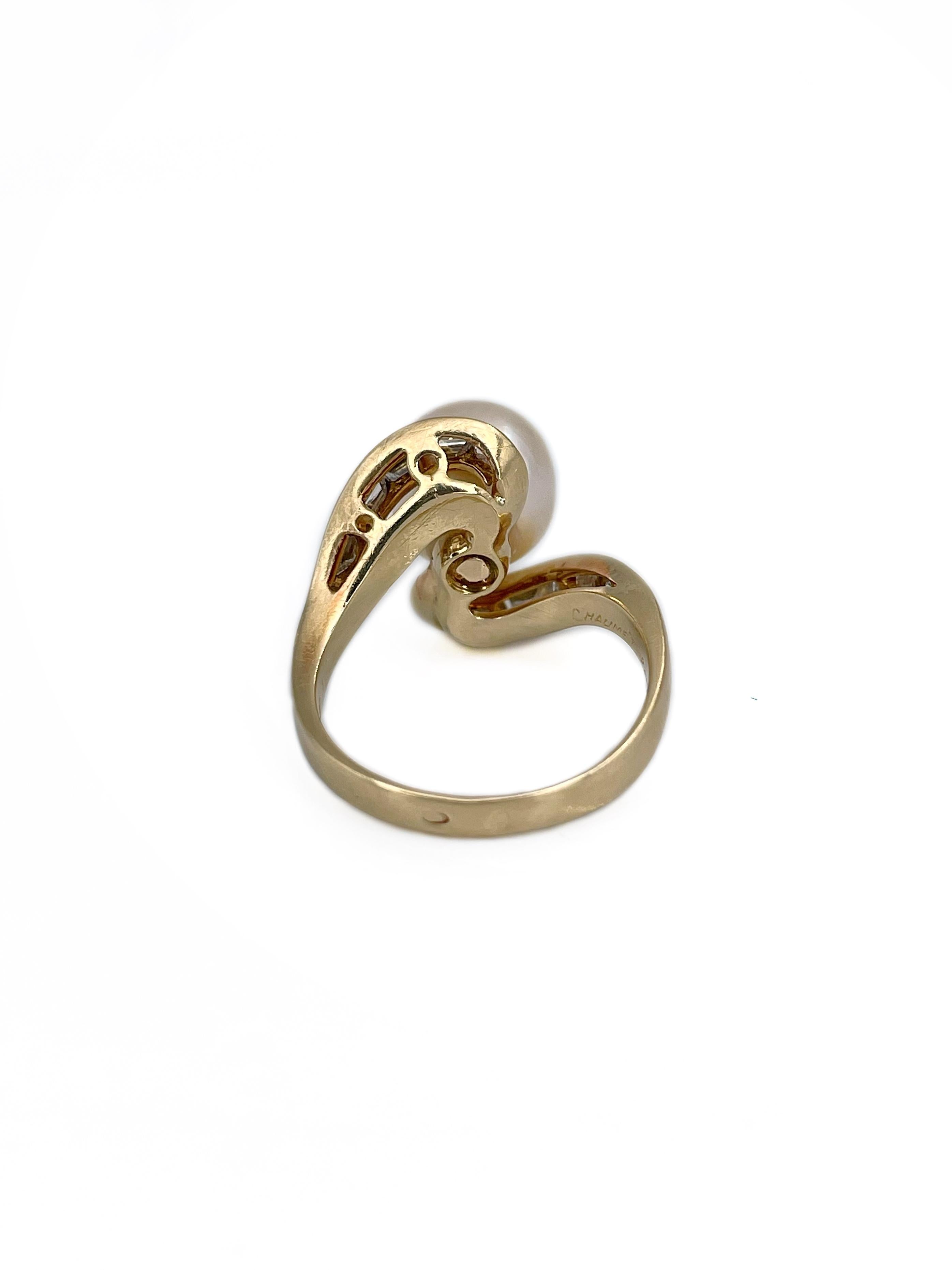 Chaumet Vintage 18 Karat Gold Pearl 0.80 Carat VS Diamond Cocktail Ring For Sale 1