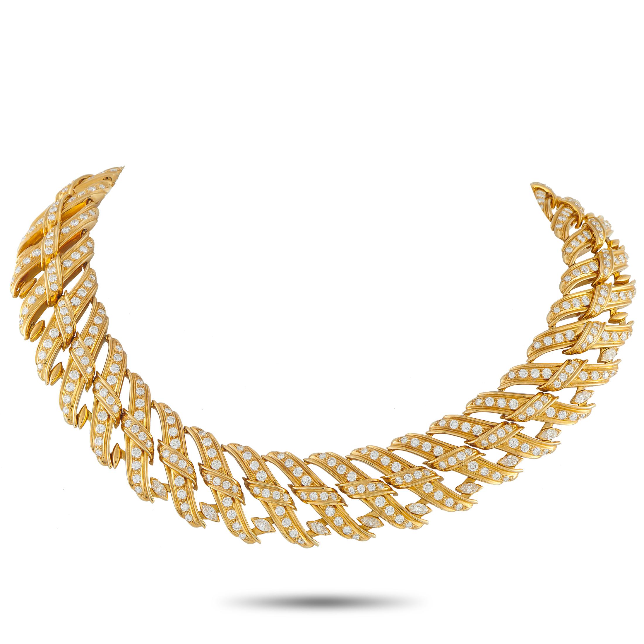 Chaumet Vintage 18K Yellow Gold 20.99ct Diamond Wave Link Choker Necklace en Excelente estado para la venta en Southampton, PA
