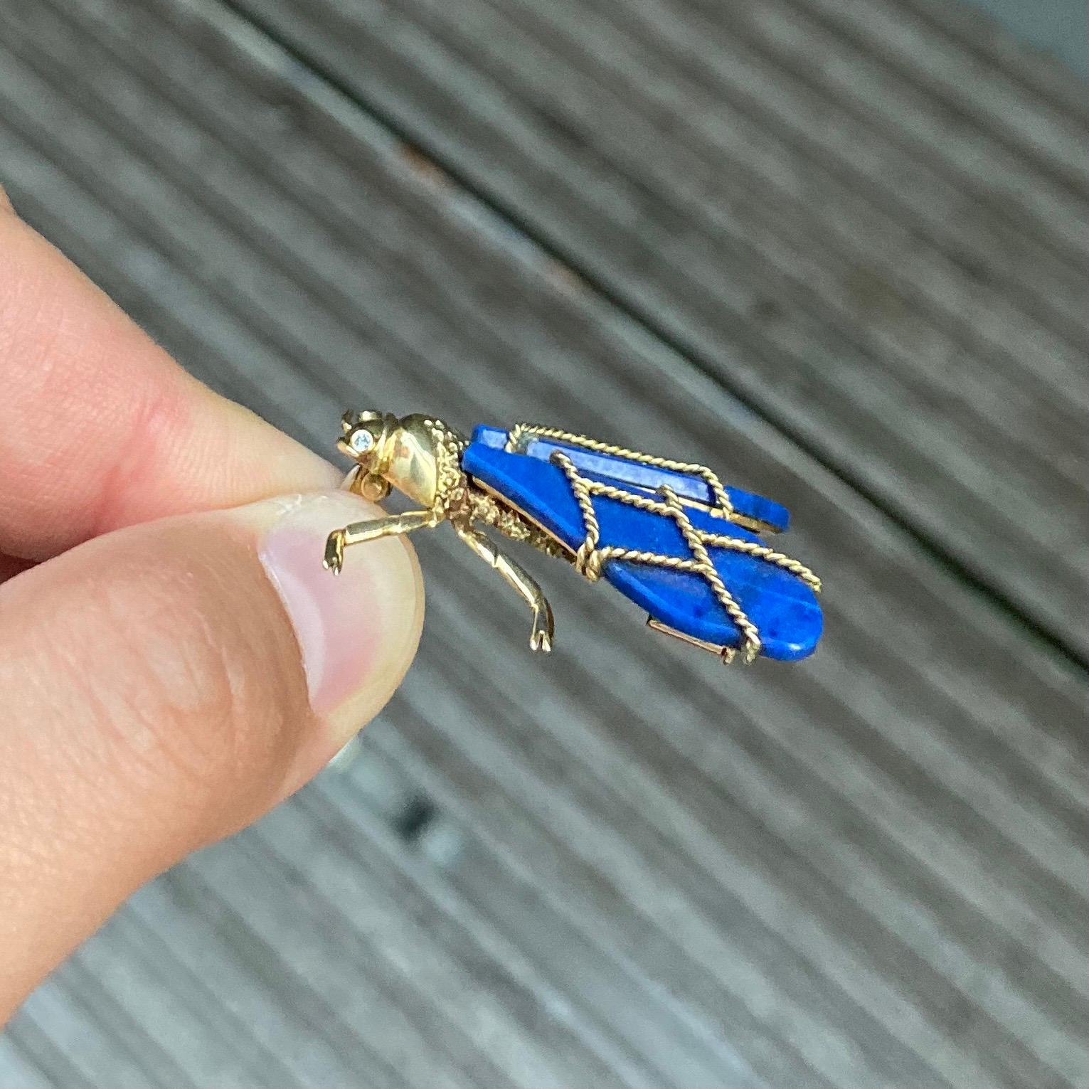 Round Cut Chaumet Vintage Lapis Lazuli Diamond Queen Bee Fly Brooch 18K Yellow Gold 1970s