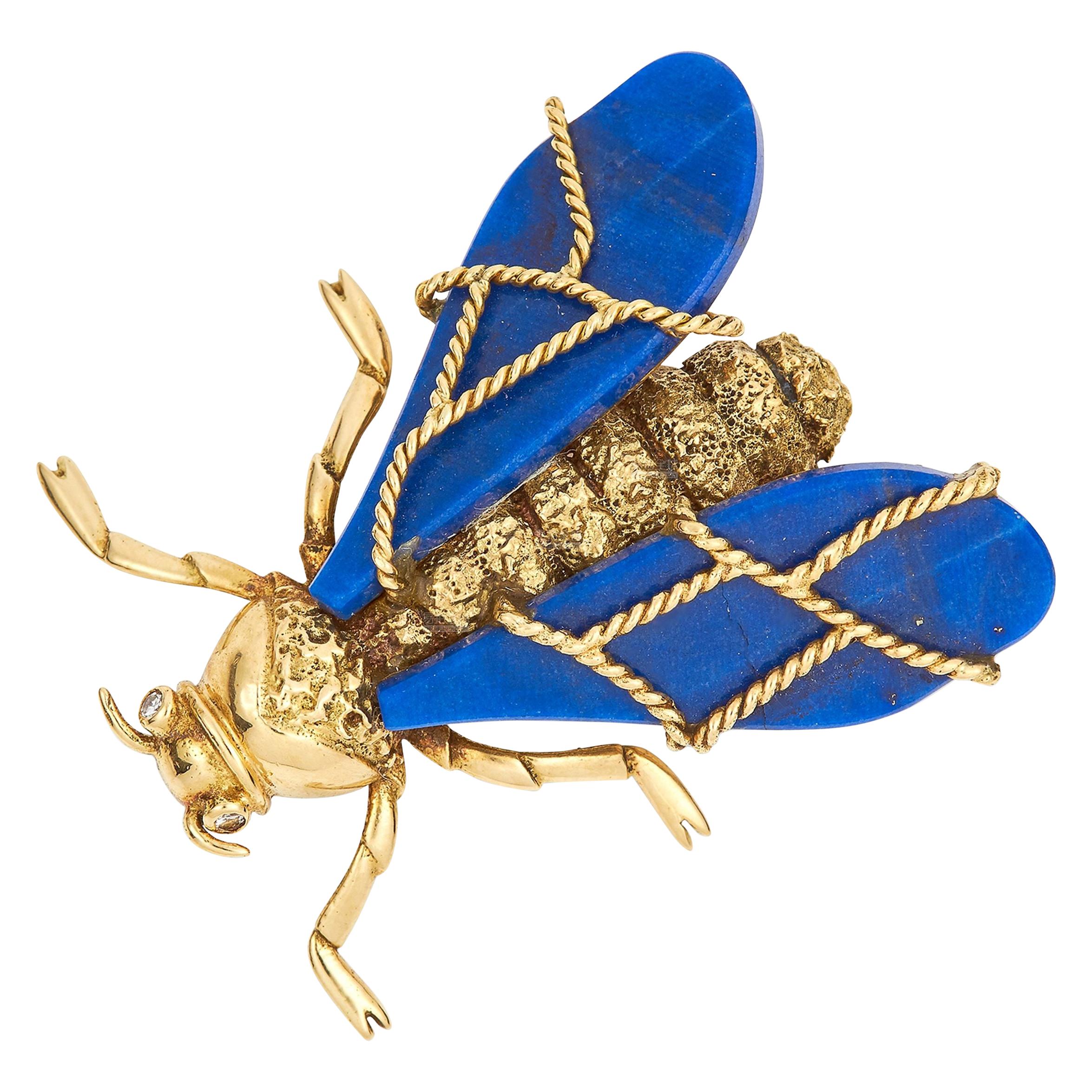 Chaumet Vintage Lapis Lazuli Diamond Queen Bee Fly Brooch 18K Yellow Gold 1970s