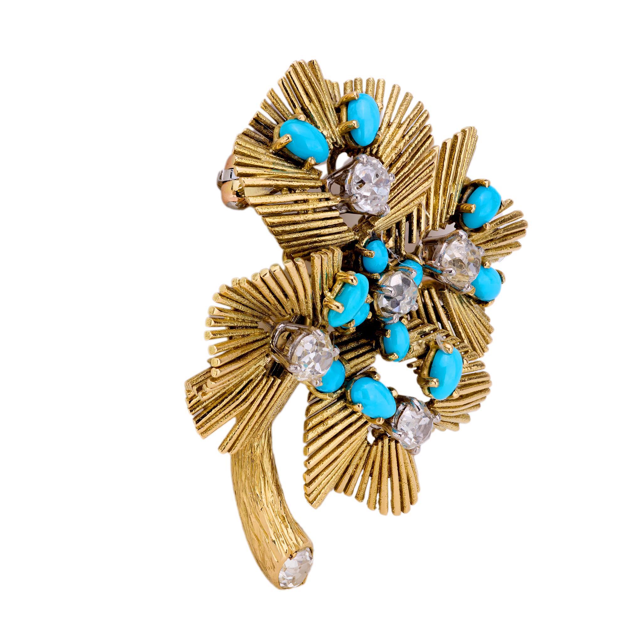 Modern Chaumet vintage turquoise diamond 18k yellow gold brooch