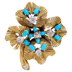 Chaumet vintage turquoise diamond 18k yellow gold brooch
