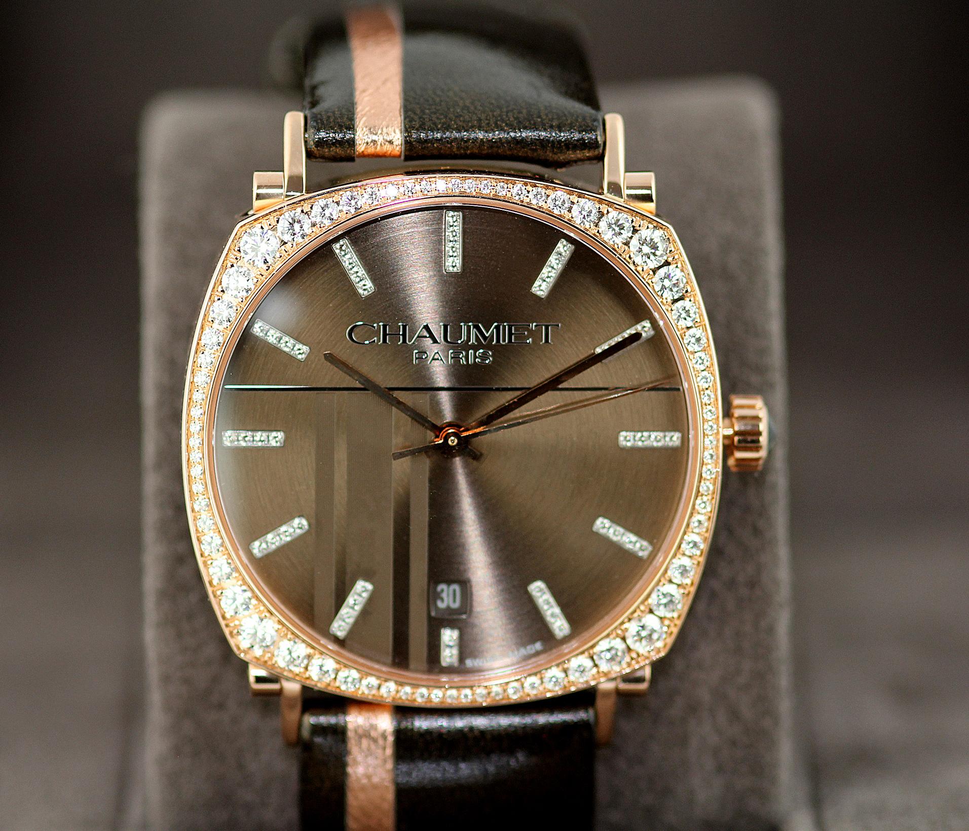 Modern Chaumet Watch, Automatic Dandy Pave 18ct Rose Gold & Diamond