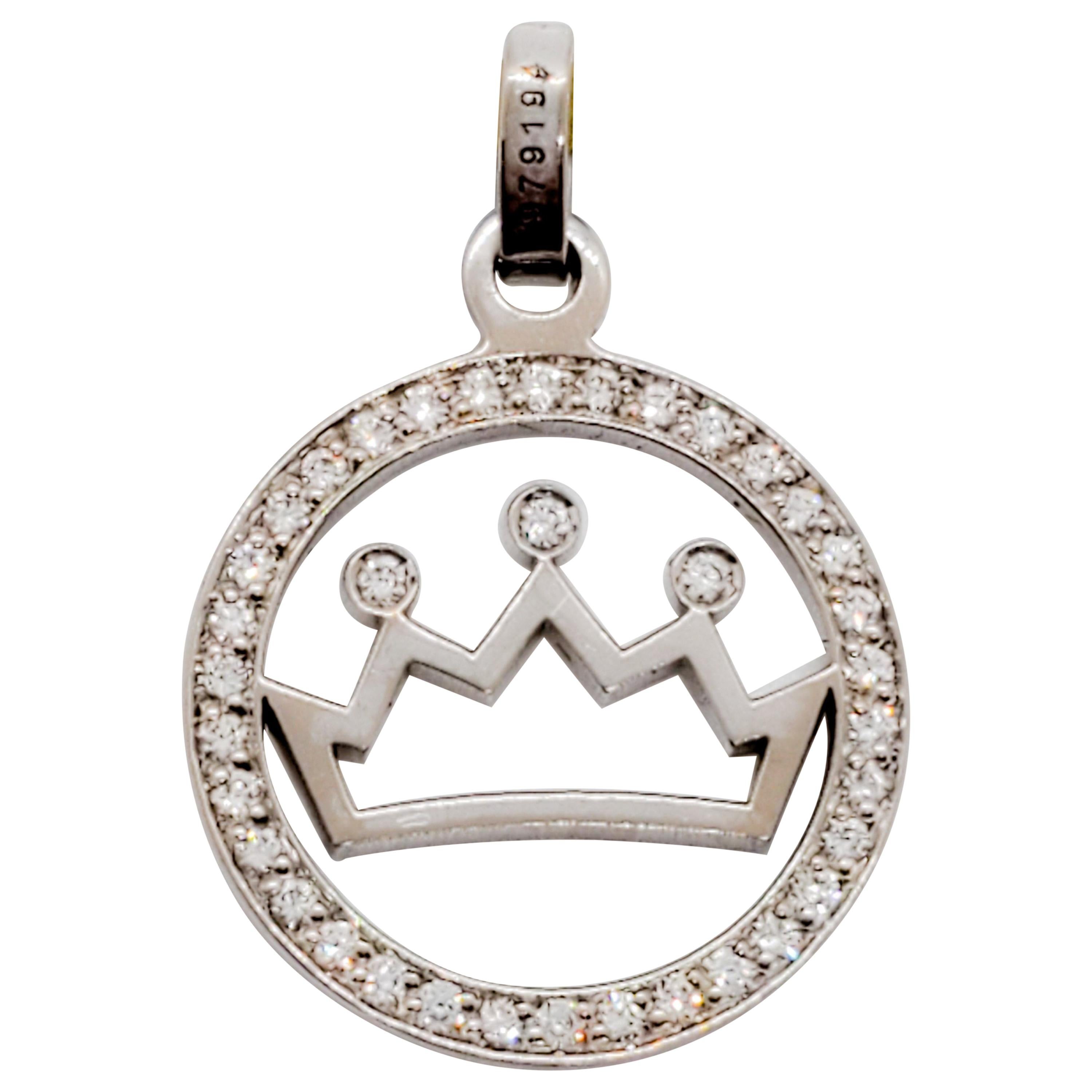 Chaumet White Diamond Round Pendant Crown in 18 Karat White Gold