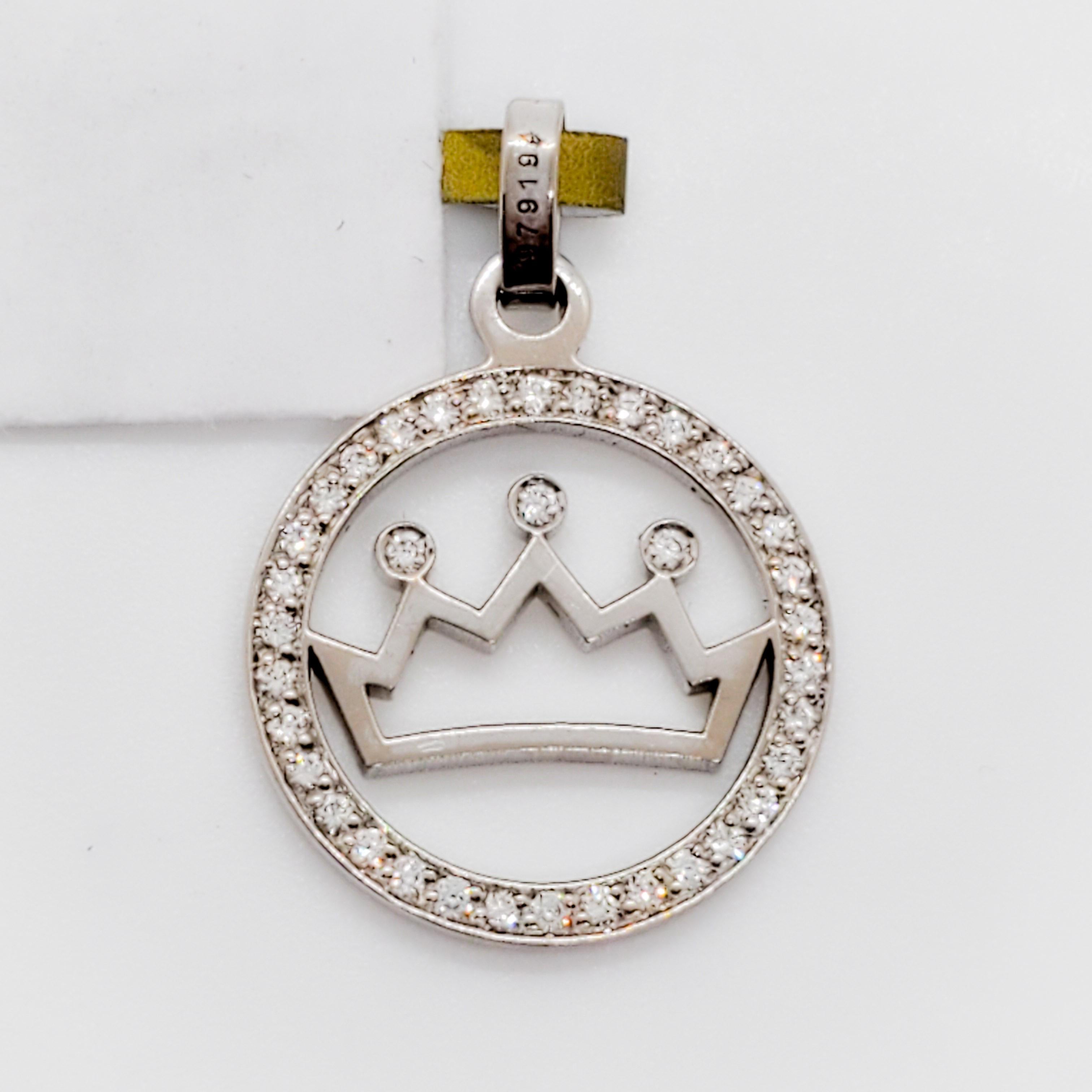 Beautiful Chaumet white diamond round crown pendant.  Ready to be slid onto a chain.  Chain not provided.  18k White gold.  