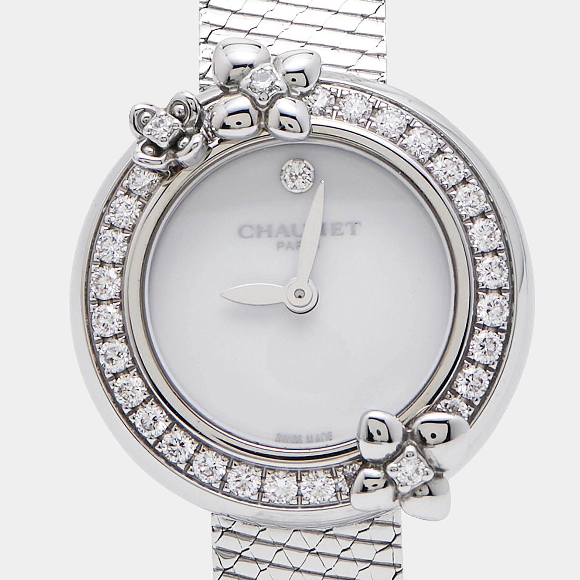 Aesthetic Movement Chaumet White Stainless Steel Diamond Hortensia W20611-20W Women's Wristwatch 22