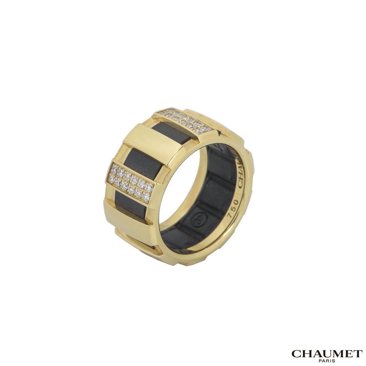 An alluring 18k yellow gold diamond ring by Chaumet from the Class one collection. The ring comprises of round brilliant cut diamonds in a pave setting on each rectangle shaped segment with a rubber band on the inside of the ring. There are a total