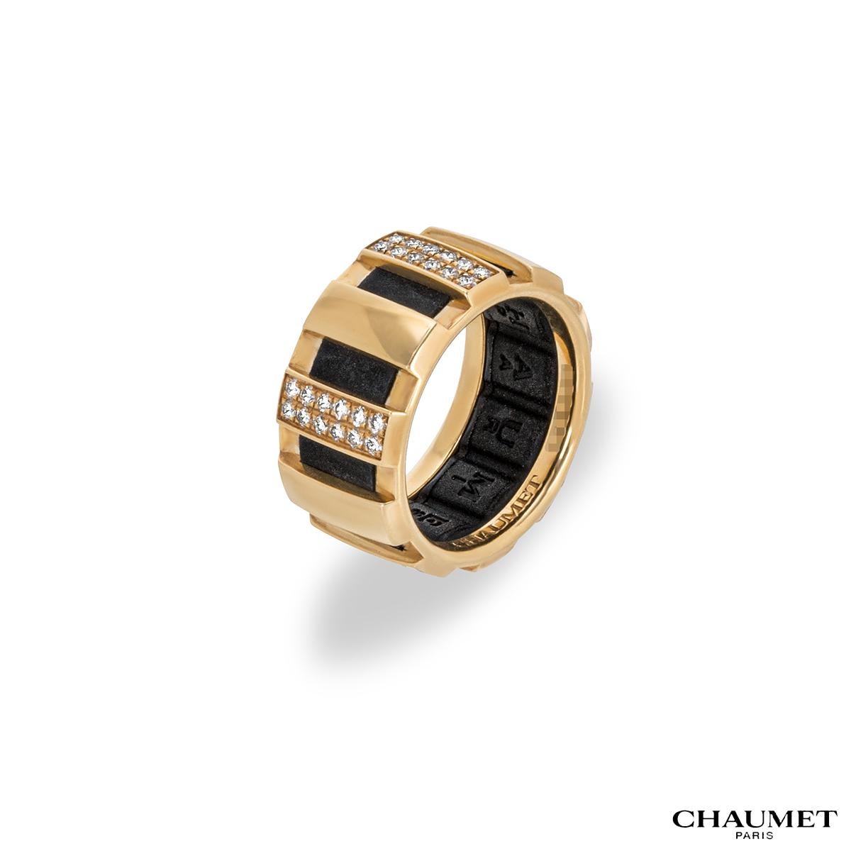 An 18k yellow gold diamond ring by Chaumet from the Class one collection. The ring comprises of round brilliant cut diamonds in a pave setting on each rectangle shaped segment with a rubber band on the inside of the ring. There are a total of 60