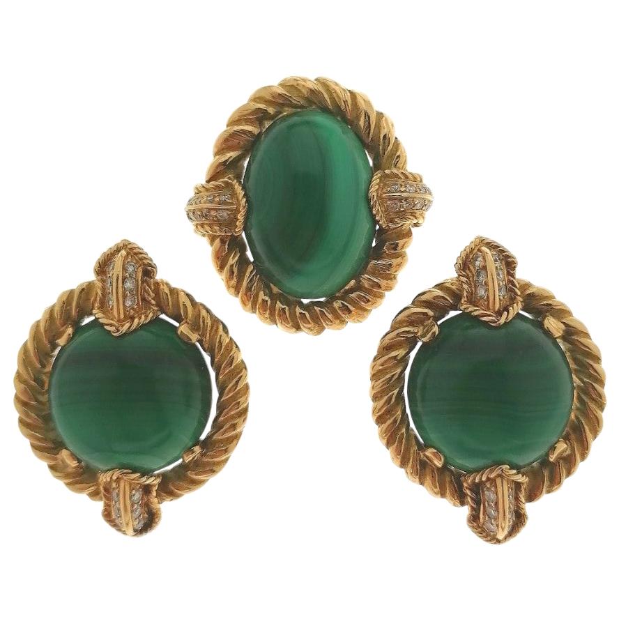 Chaumet Yellow Gold Malachite and Diamond Earrings and Brooch For Sale