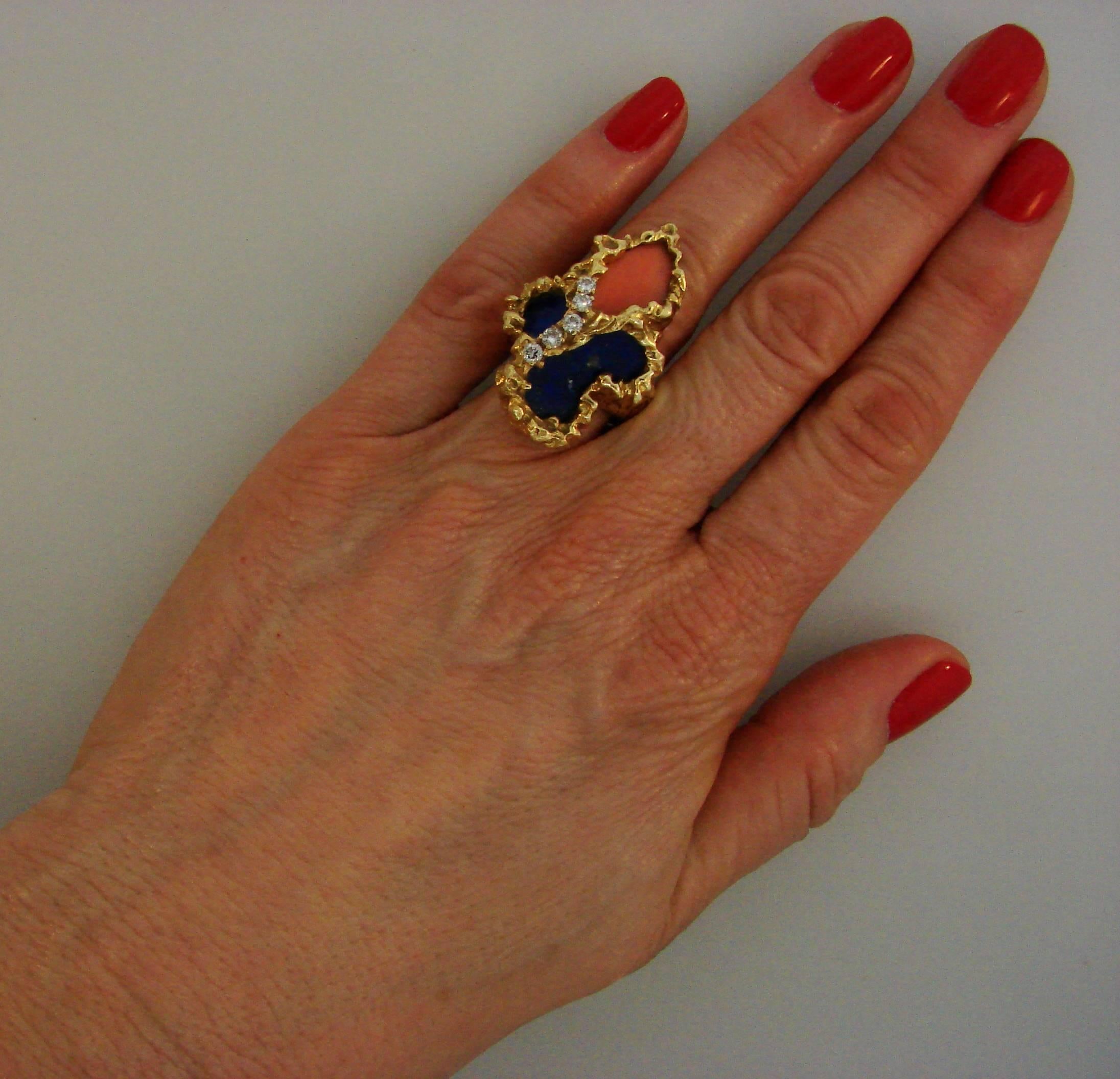 Chaumet, Paris Lapis Coral Diamond Yellow Gold Brooch Ring Earrings Set 1