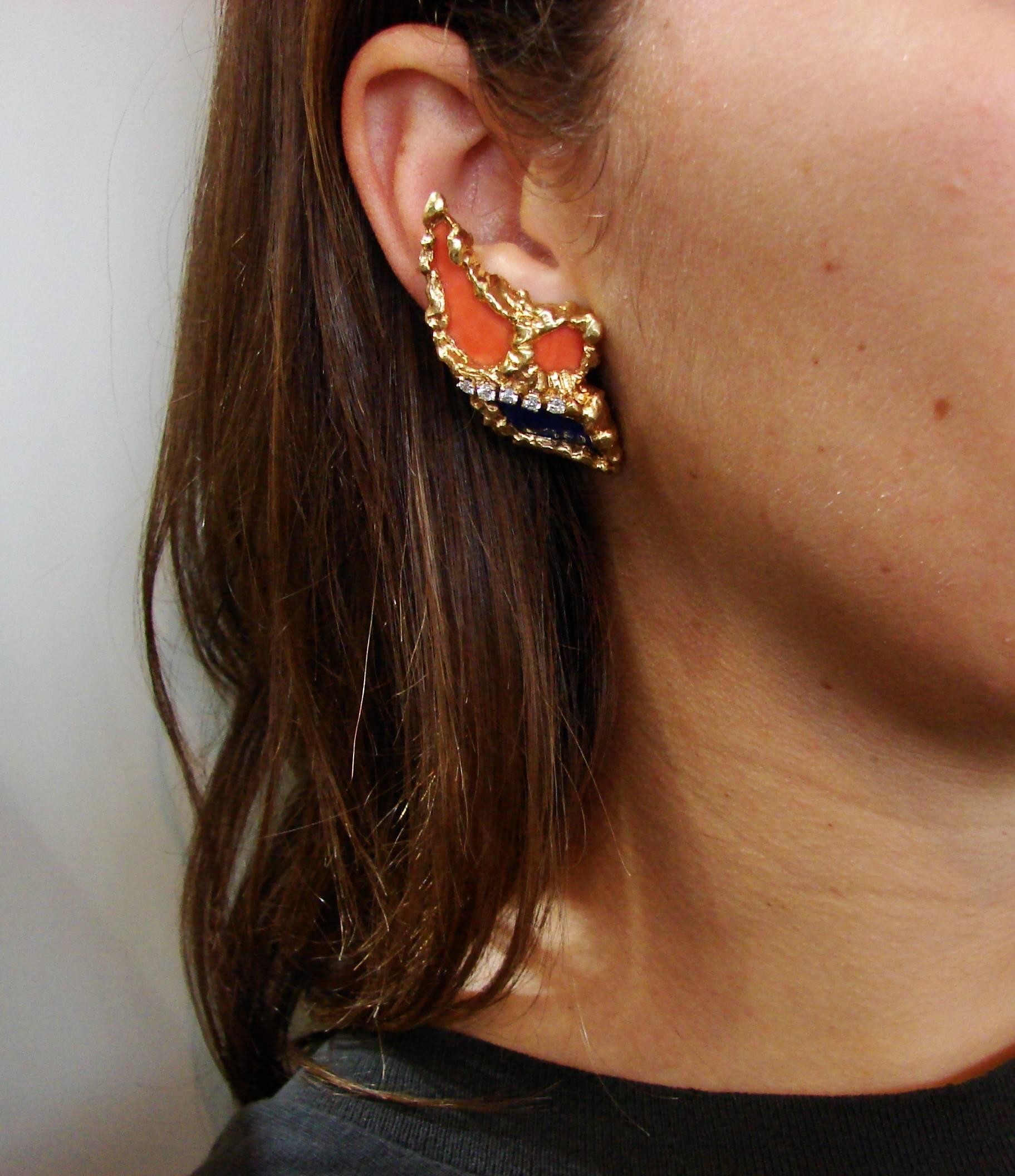 Chaumet, Paris Lapis Coral Diamond Yellow Gold Brooch Ring Earrings Set 2