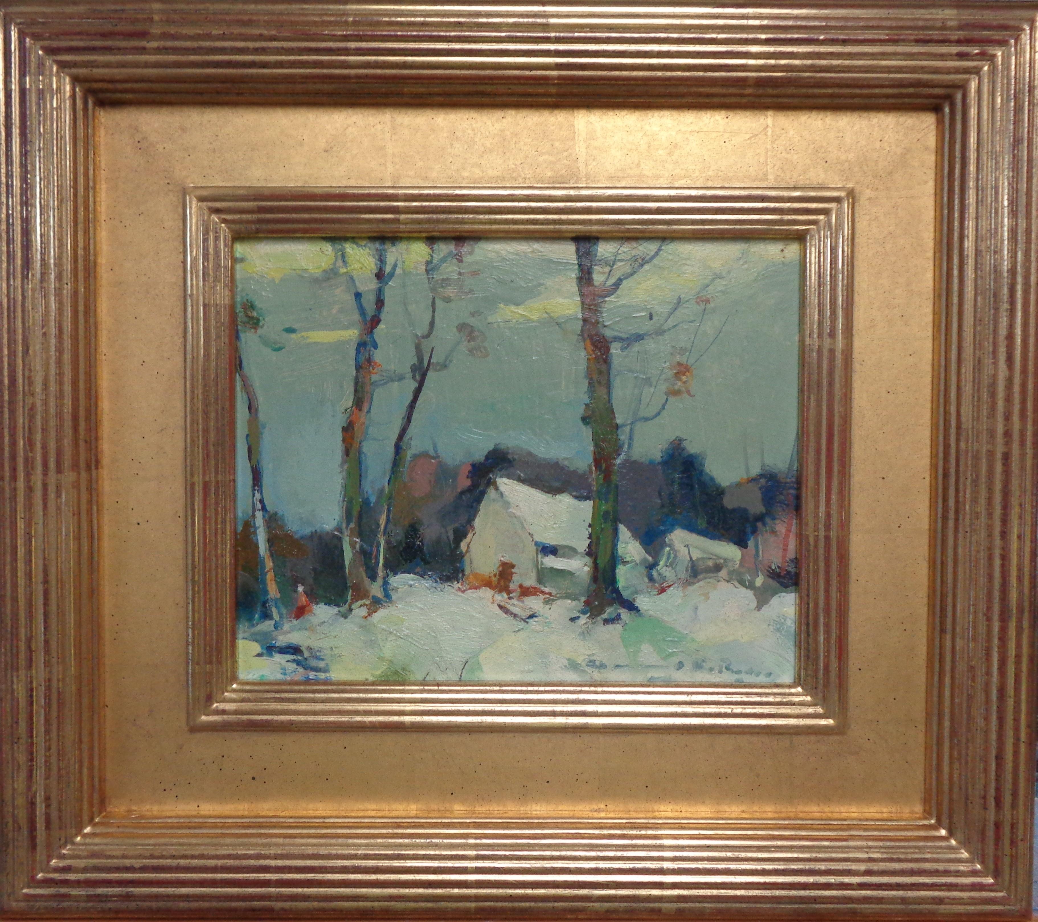 Chauncey Foster Ryder (americano, 1868-1949), 
La slitta
olio/pannello   8 x 10 senza cornice, 15,25 x 17,25 incorniciato in una cornice Quido.
Paesaggio invernale con cabina e slitta. Etichette verso. Un Salmagundi Club, una Graham Gallery, NY più