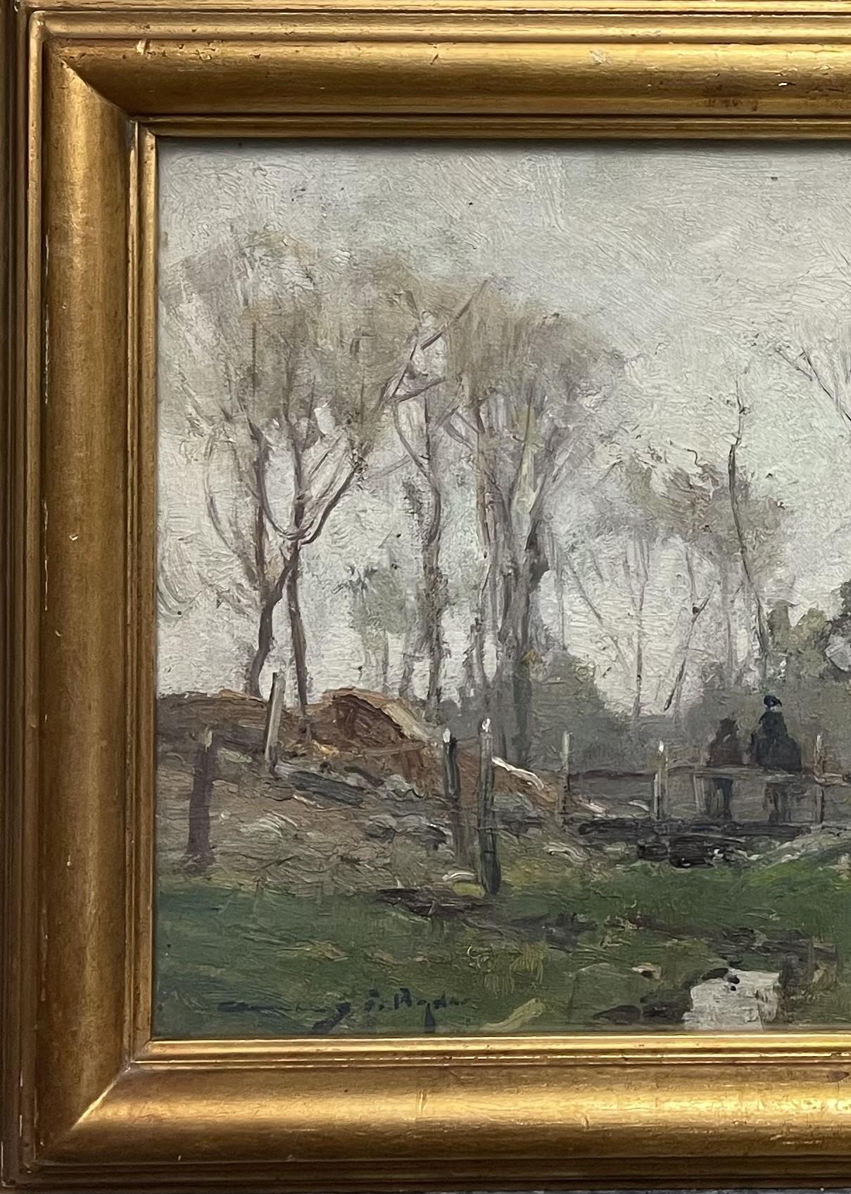 CHAUNCEY FOSTER RYDER (American, 1868-1949), landscape with figures on a bridge, oil on canvas, signed lower left. Framed under glass. Minor craquelure, dirt and grime. Possible label remnant from William Macbeth Gallery attached. Ryder's NYC