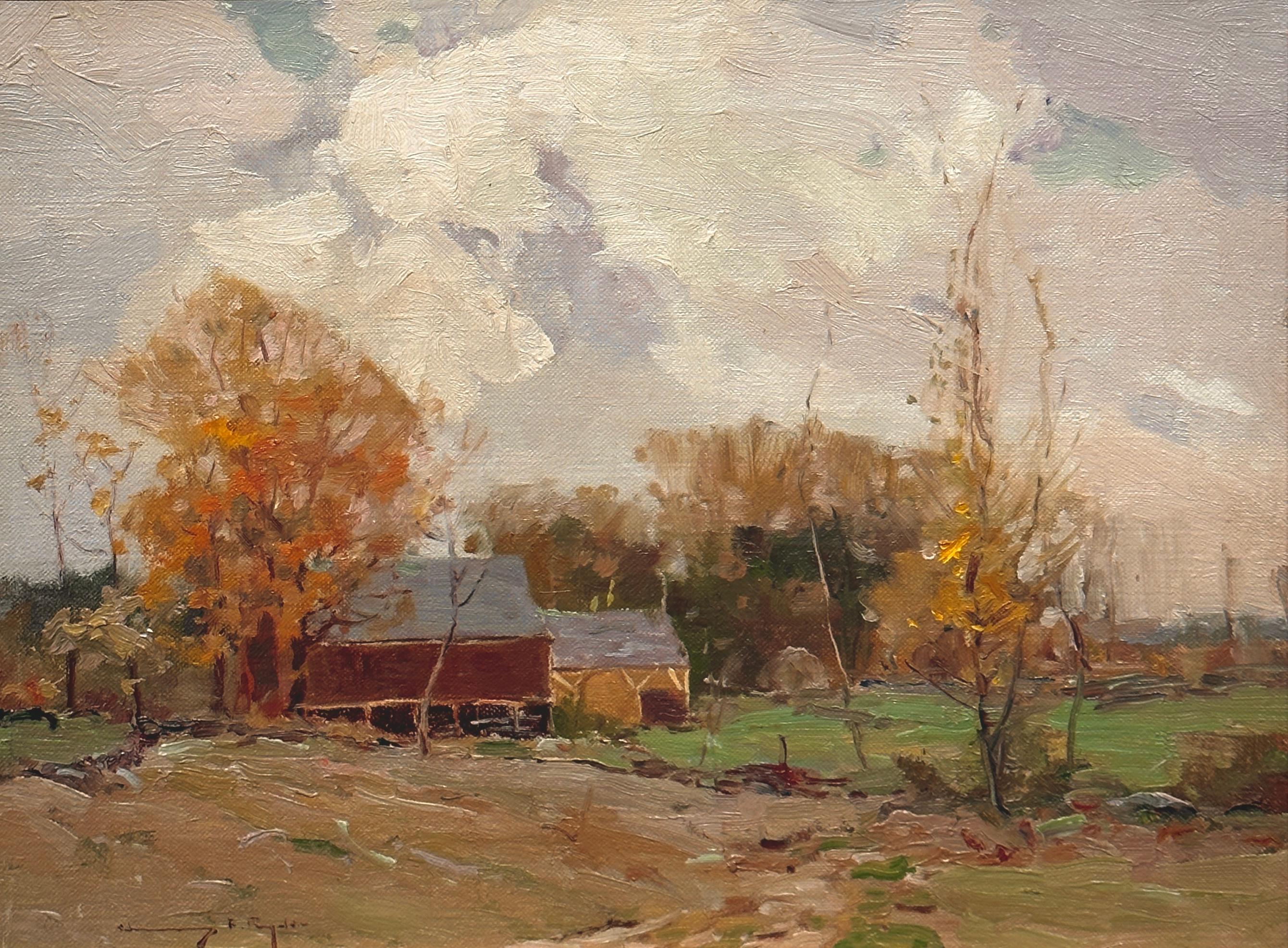 Chauncey Foster Ryder Landscape Painting - Farm House - landscape with classic Ryder greens and trees 