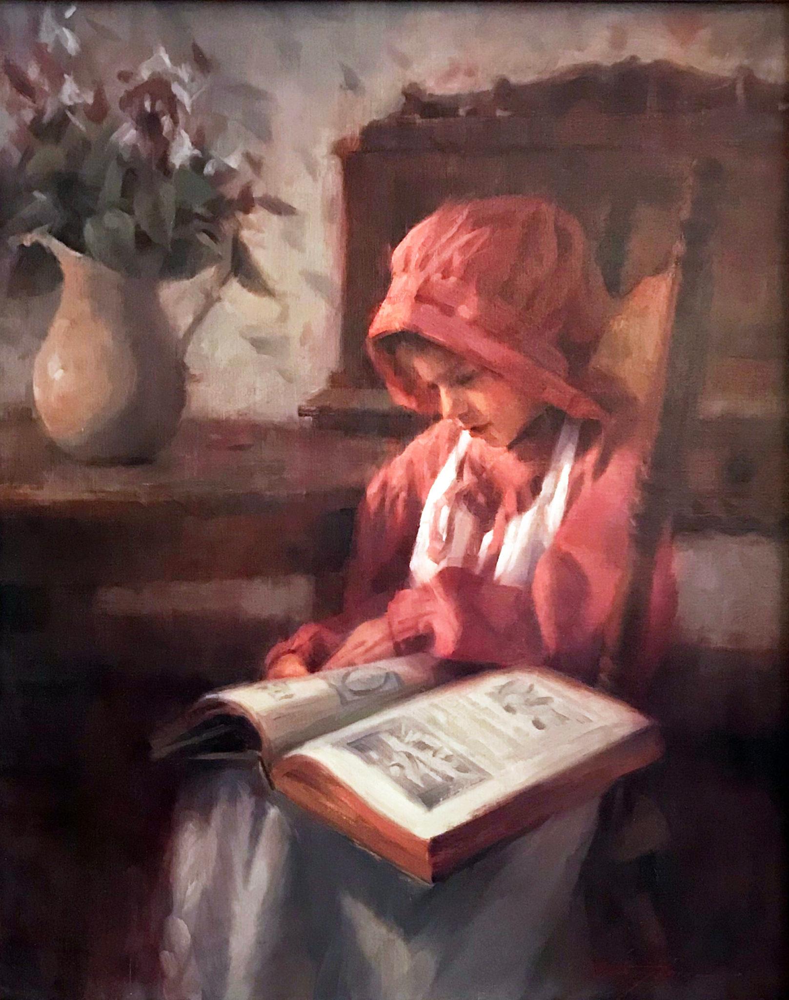 Remarkable portrait oil painting well listed American Plein Air Artist Chauncey Ray Homer (New Mexico, 1966 – )  Entitled “Once Upon A Time”  Oil on Canvas  Housed in a large beautiful ornate wood frame  Measures approx. 43″ H x 37″ W with