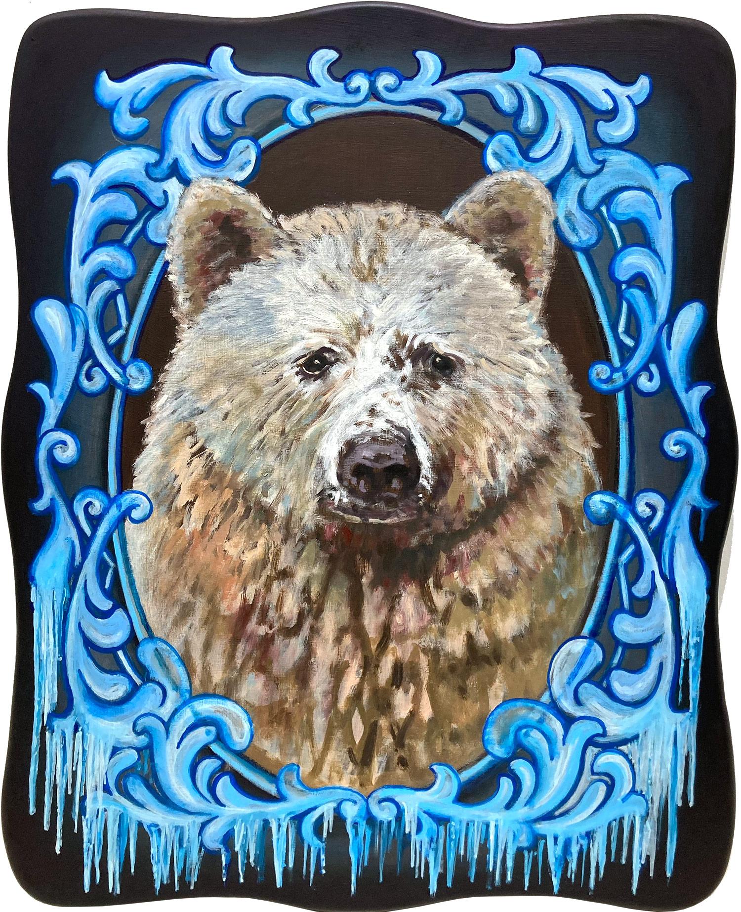"Arthur" Retrato realista de oso con carámbanos Pintura al óleo sobre panel de madera tallada