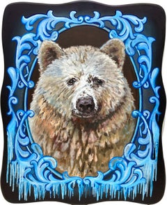 Portrait d'ours réaliste «hur » avec des glaçons, peinture à l'huile sur panneau de bois sculpté