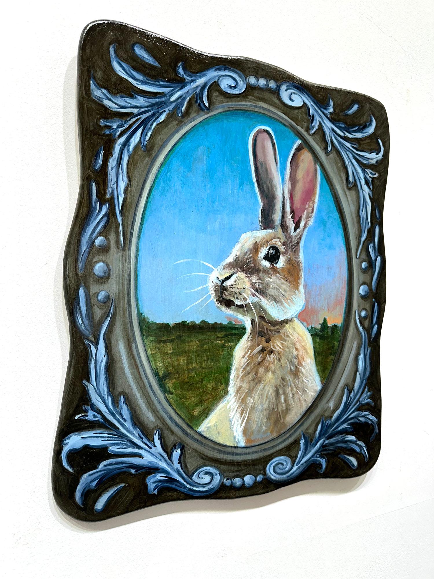 Realistisches Kaninchenporträt „Rabbit“ aus dem Feld, Ölgemälde auf geschnitztem Holzplatte im Angebot 5