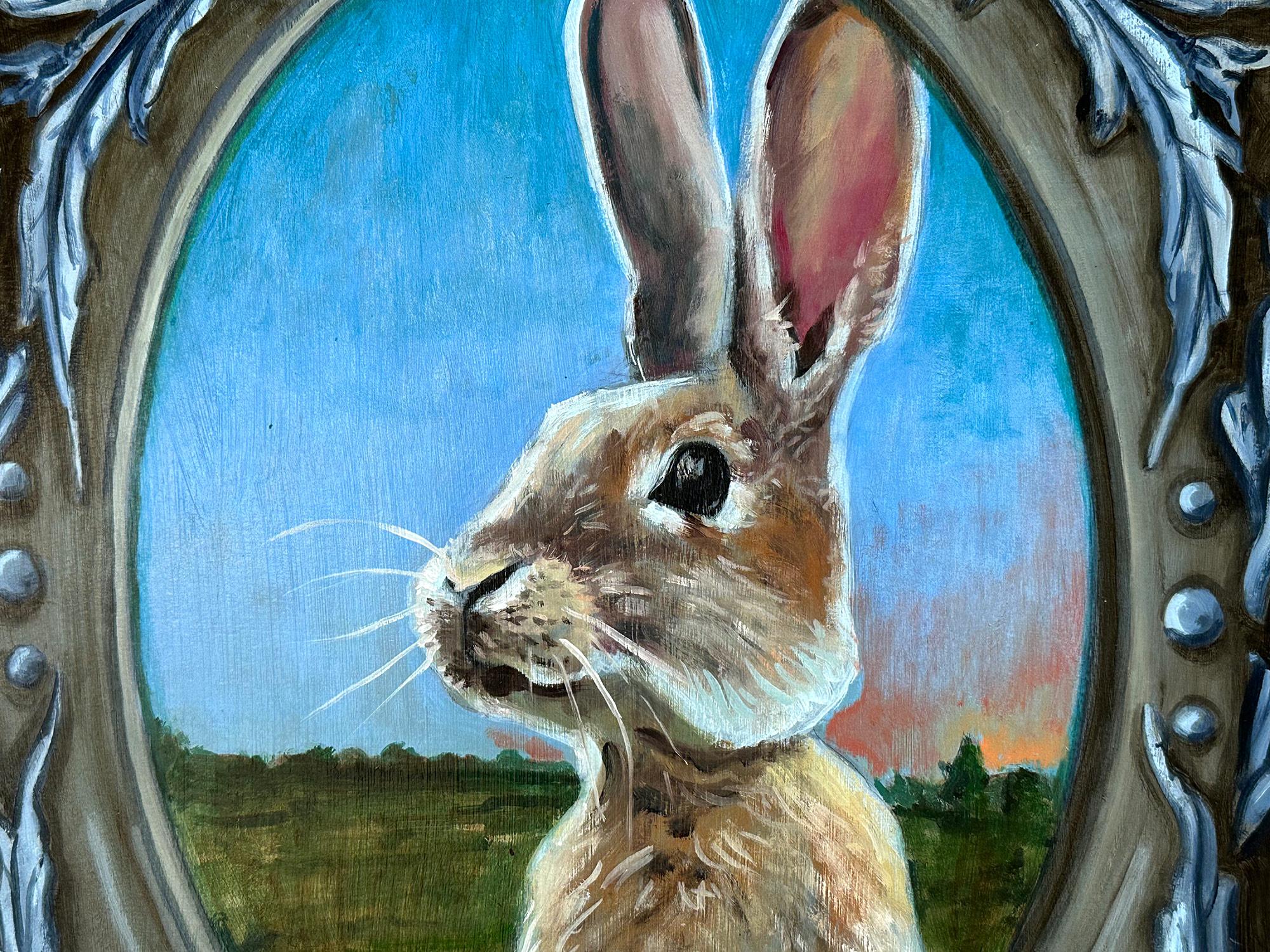 Realistisches Kaninchenporträt „Rabbit“ aus dem Feld, Ölgemälde auf geschnitztem Holzplatte – Painting von Chaval