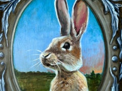 "Rabbit" Realist Rabbit Portrait in the Field Oil Painting on Carved Wood Panel