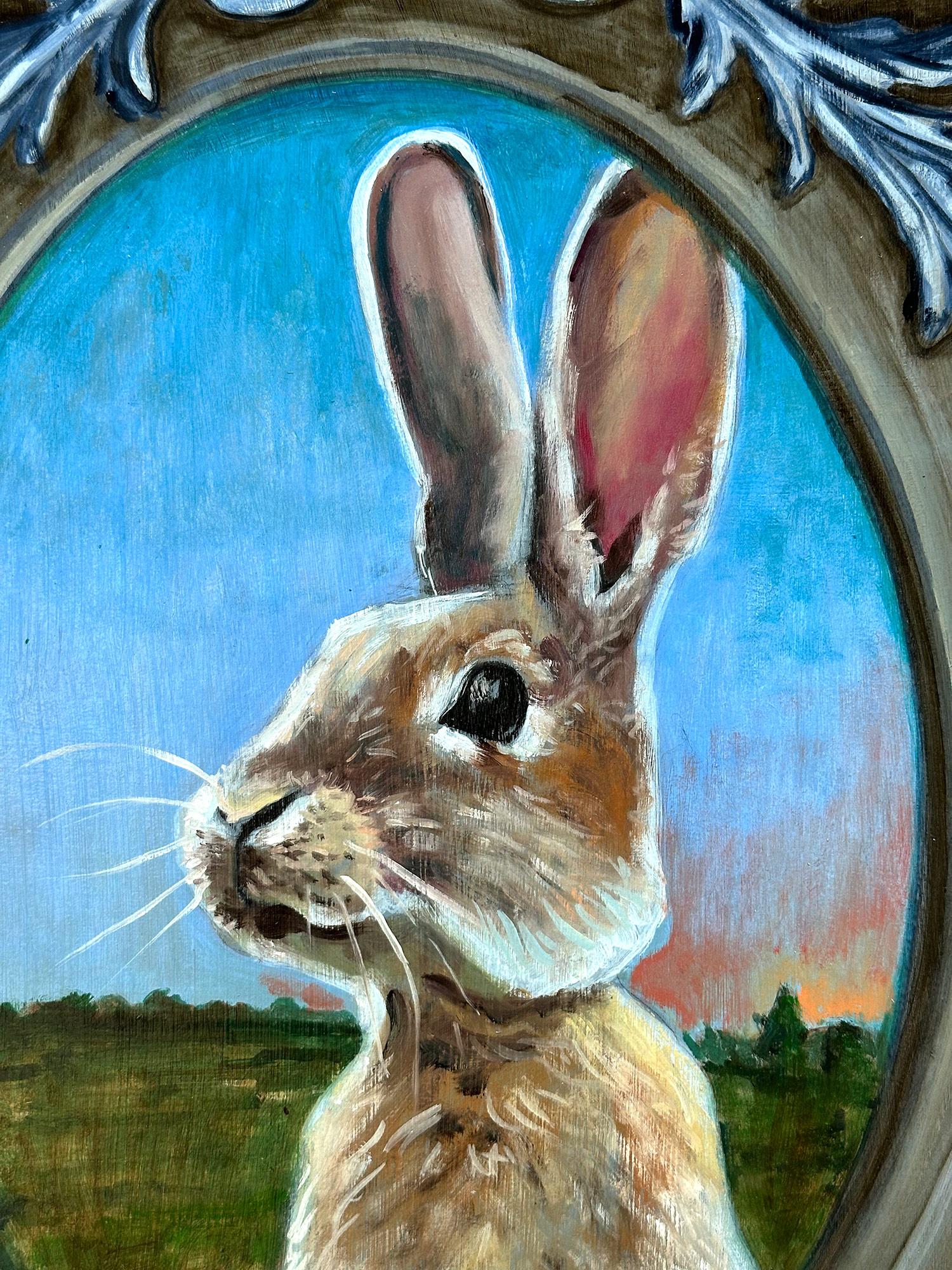 Realistisches Kaninchenporträt „Rabbit“ aus dem Feld, Ölgemälde auf geschnitztem Holzplatte (Realismus), Painting, von Chaval