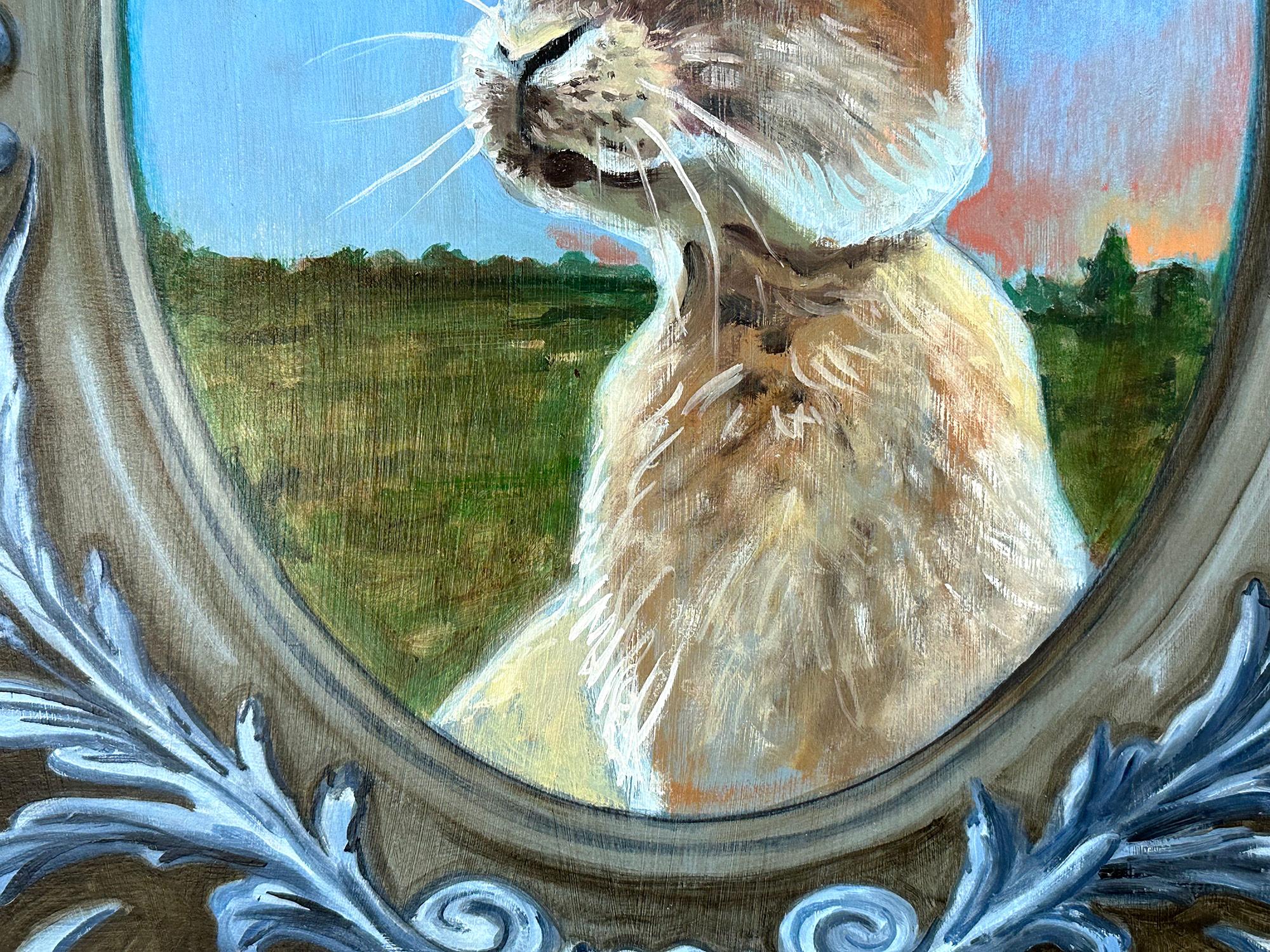 Realistisches Kaninchenporträt „Rabbit“ aus dem Feld, Ölgemälde auf geschnitztem Holzplatte (Schwarz), Animal Painting, von Chaval
