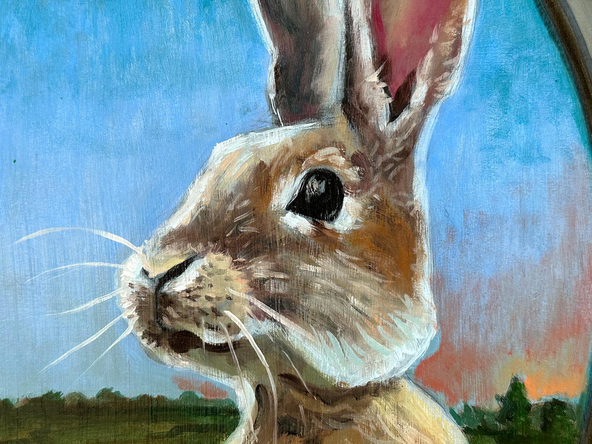Realistisches Kaninchenporträt „Rabbit“ aus dem Feld, Ölgemälde auf geschnitztem Holzplatte im Angebot 1
