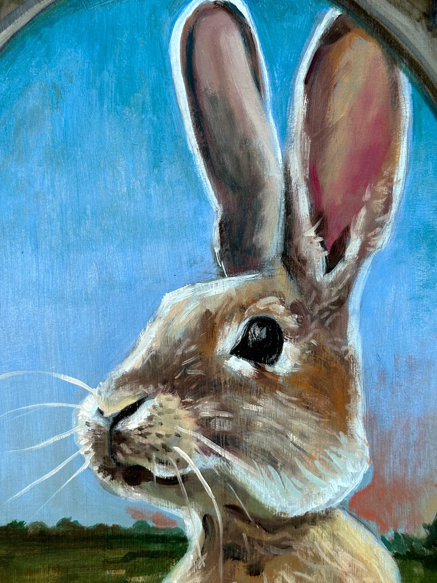 Realistisches Kaninchenporträt „Rabbit“ aus dem Feld, Ölgemälde auf geschnitztem Holzplatte im Angebot 2