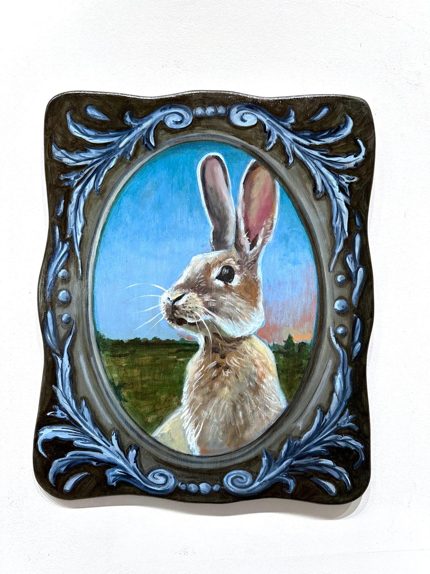 Realistisches Kaninchenporträt „Rabbit“ aus dem Feld, Ölgemälde auf geschnitztem Holzplatte im Angebot 4